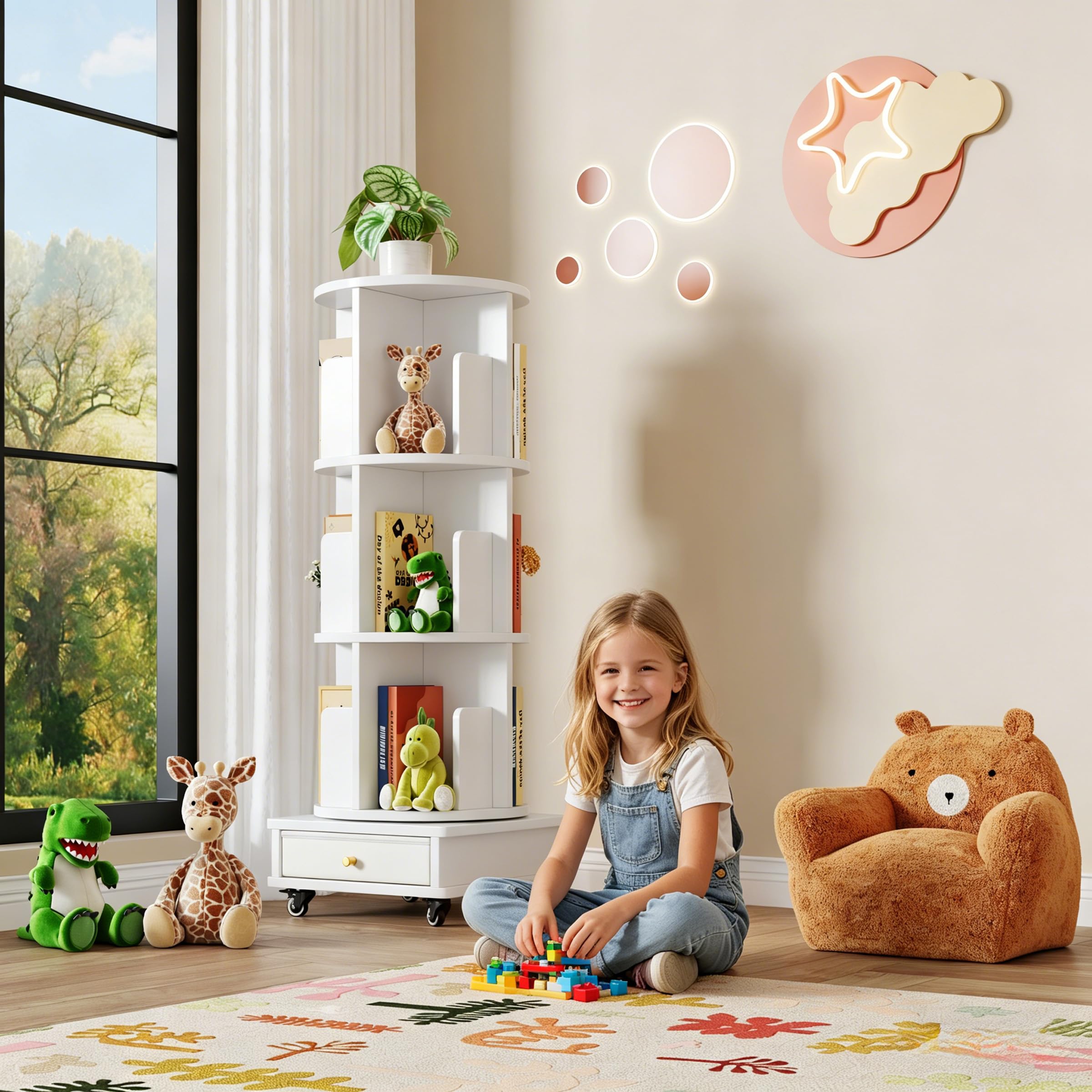 Librerías giratoria de 3 estantes, Librerías rotación de 360°, estantería Multifuncional 1 cajón para salón, Dormitorio, Estudio, Oficina, Blanco