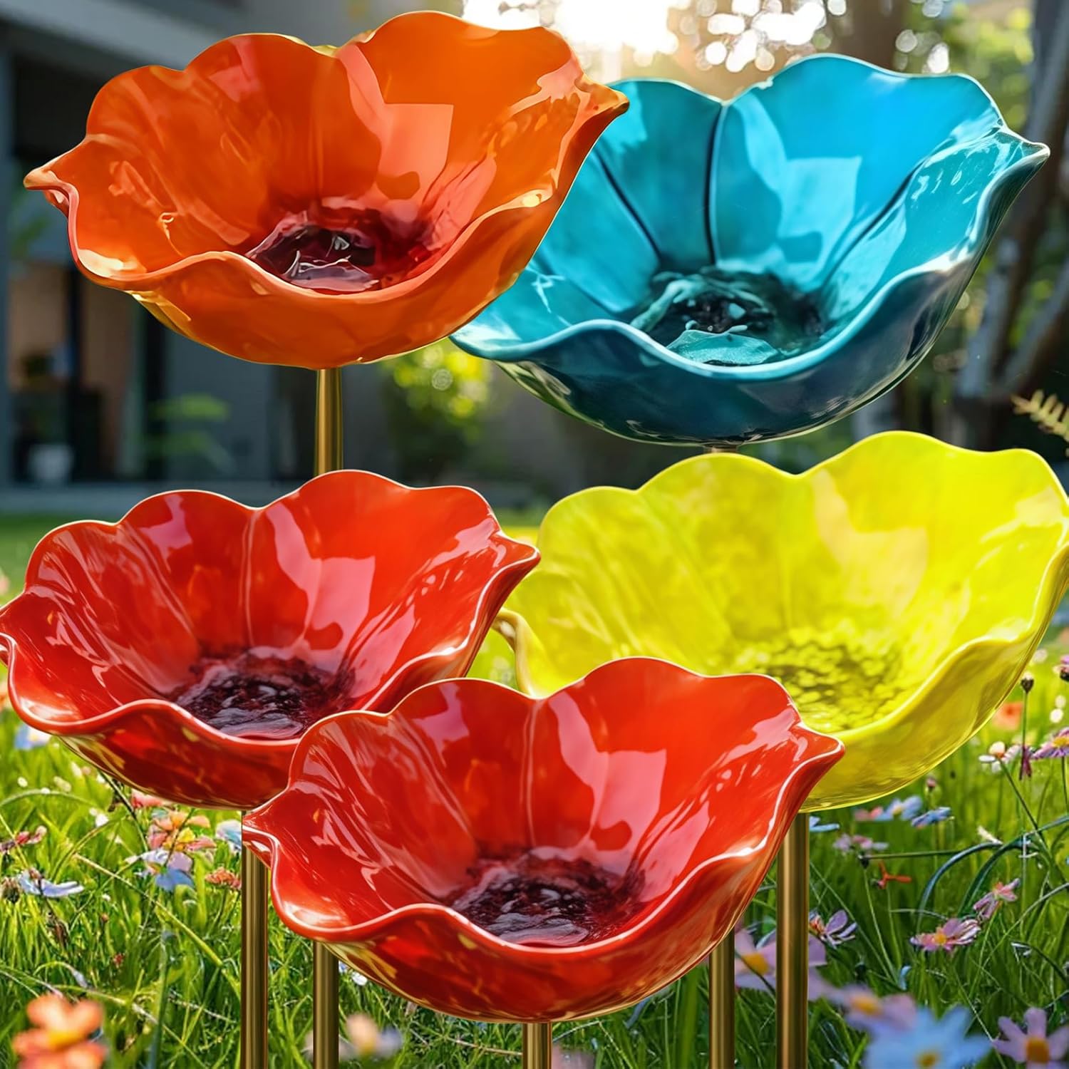 2026 New Metal Flower Garden Stakes Bird Bath,Upgraded Handmade Metal Flower Garden Stake with Bee Bath & Bird Water Bowl,Weather-Resistant Pollinator＆Mini Bird Bath (4pcs b)