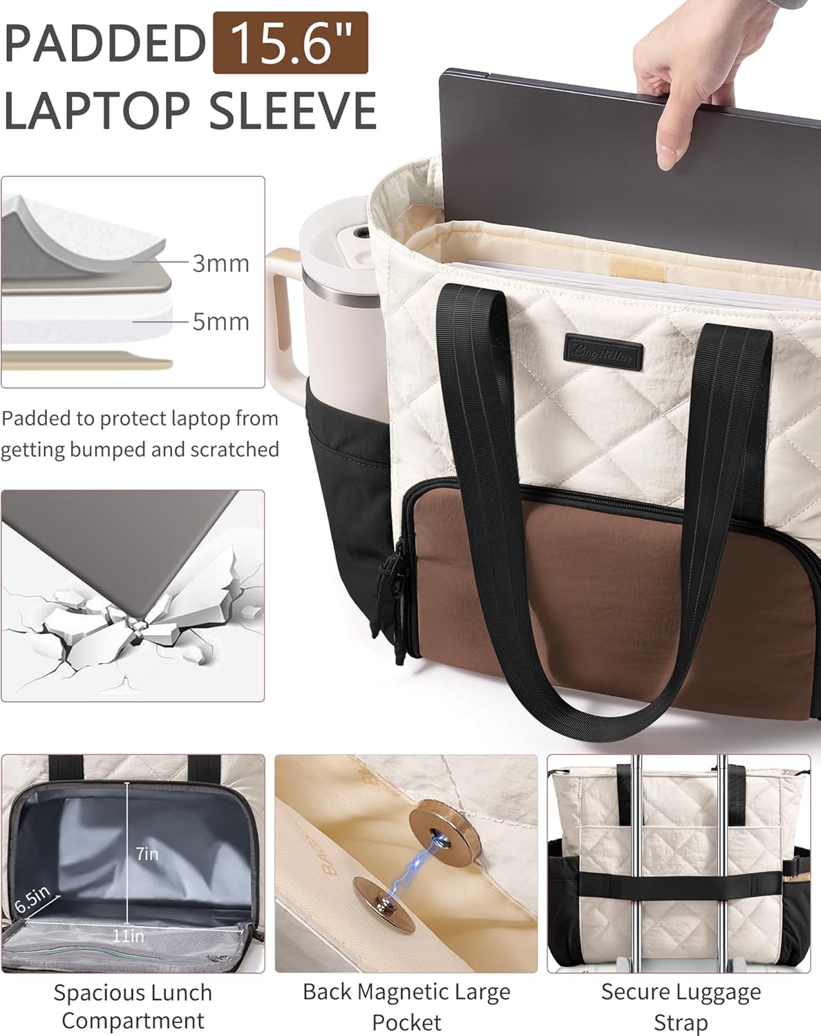 Puffer Lunch Tote Bag for Women, 15.6 Inch Laptop Work Bag with Insulated Lunch Compartment & Large Cup Holder, Lightweight Quilted Puffy Lunch Box Purse for Teacher Nurse Travel Office Daily School - Image 4