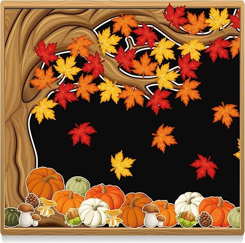 Miniatura 3 de Juego de tablón de anuncios de árbol grande de 4 pies, decoración de tablón de anuncios de otoño con hojas de arce, recortes de calabazas para aula,