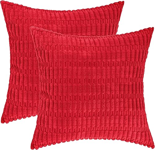 HWY 50 Juego de 2 fundas de almohada decorativas de pana roja de 16 x 16 pulgadas para sofá, sala de estar, cama, fundas de cojín suaves y lisas