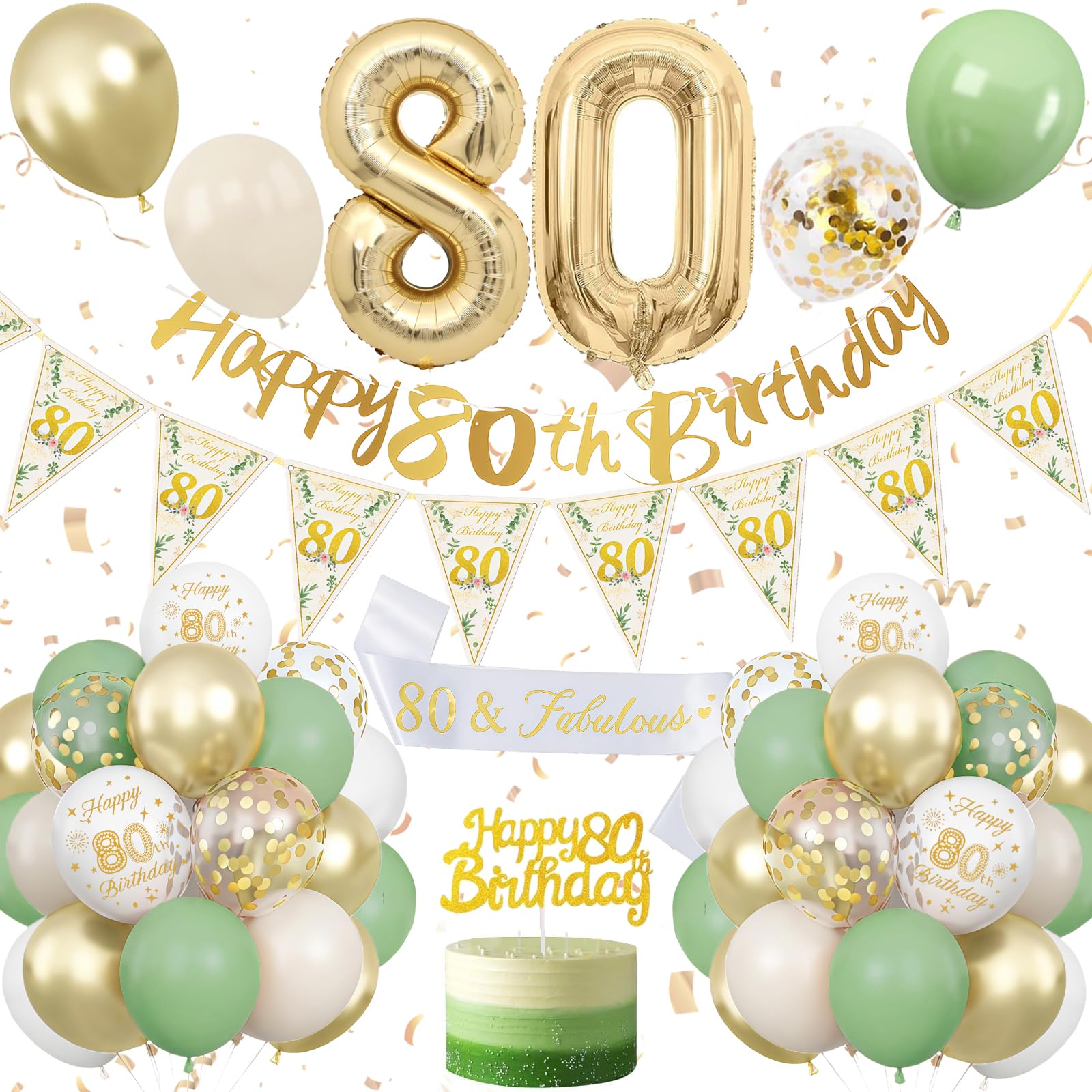 80th Birthday Decoration Sage Green, Green White Gold Birthday Decorations for 80 Year Old, Number 80 Balloons with Banner, Cake Decoration for Women and Men, 80 Year Old Birthday Decoration