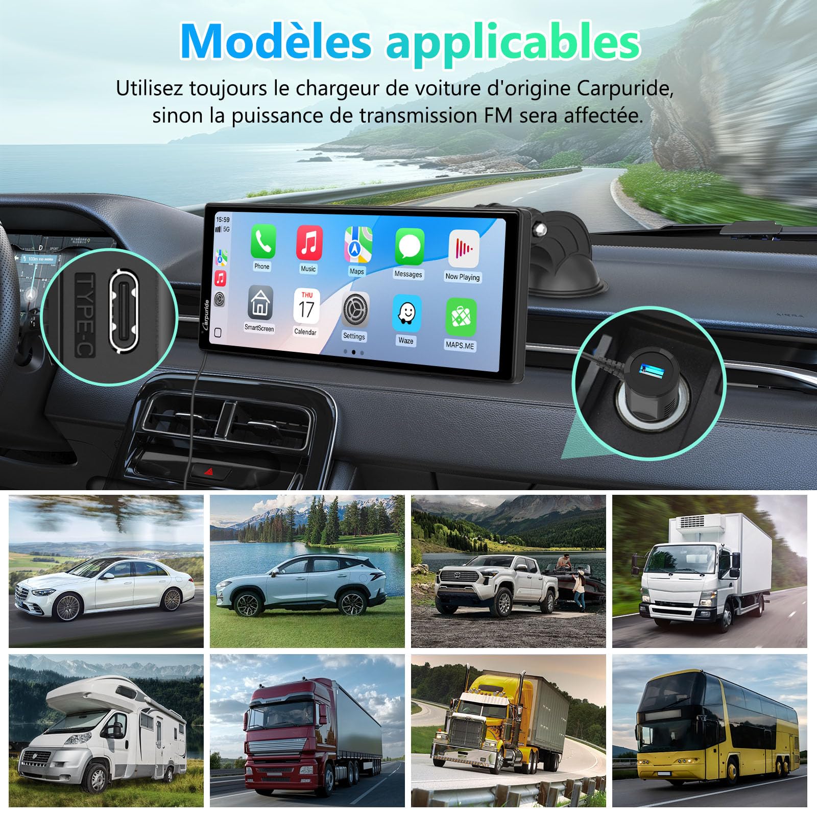 Carplay Écran Portable, Carpuride V92R sans Fil Carplay et Android Auto, écran Tactile HD 10,26 Pouces 1080p avec véritable caméra de recul 720p/BT 5.0/Support de Liaison Miroir pour Camion