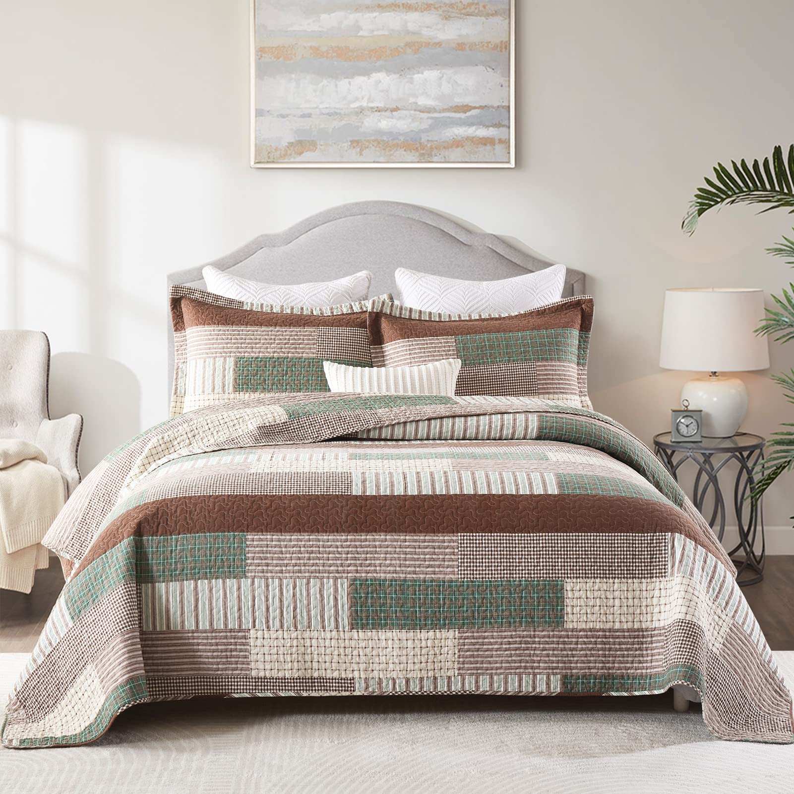 Y-PLWOMEN Queen Quilt Bedding Set 100% Cotton Lightweight Queen Quilt, Cozy Queen Size Quilts, Reservible Queen Bedspread Soft Queen Quilt Set for All Season, 3-Pieces