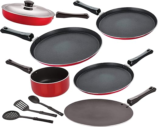Nirlon Nonstick Aluminium Cookware Combo Set, Red- 9 Pieces | 2.6mm_FT13_FT12_CT_SPM_FT10_FP12_3SPN
