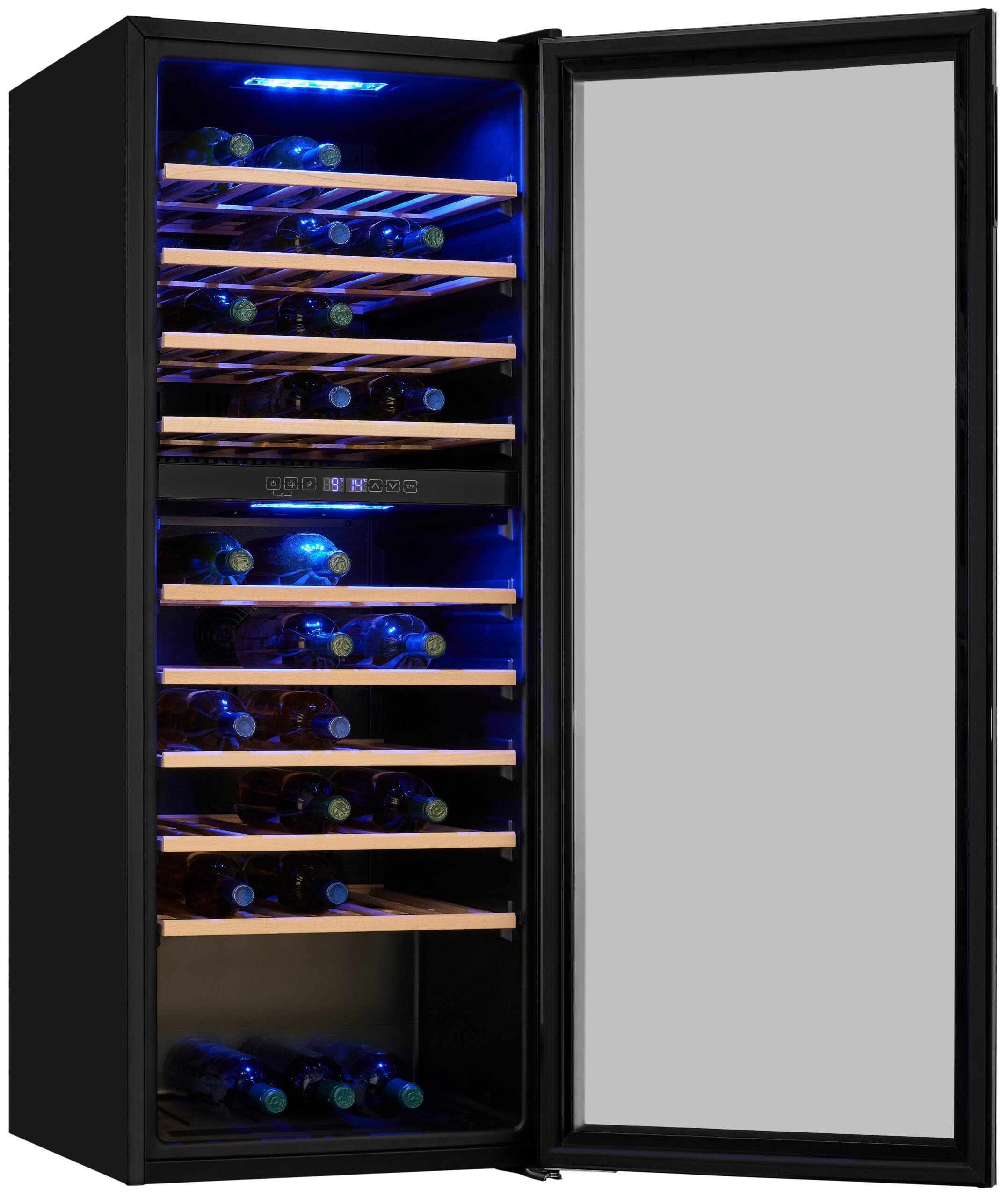 Exquisit® Vinoteca para 78 Botellas, 194L, Negro, Clase G, Doble Zona de Temperatura 5-20°C, Control Digital, Puerta de Cristal Reversible, Iluminación LED, 9 Estantes, Medidas (128,5 x 49 x 57,5 cm)