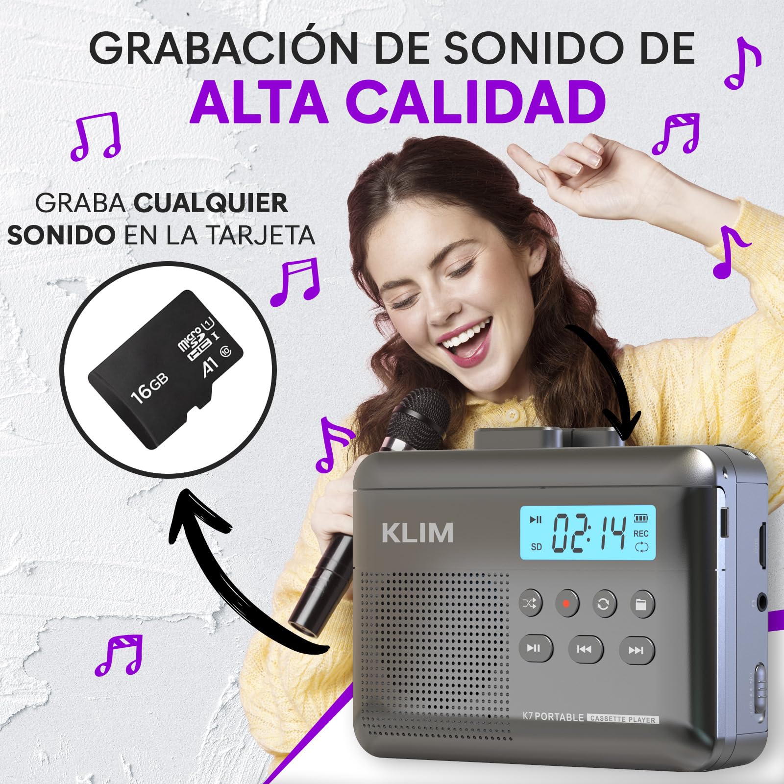 KLIM K7 Reproductor Cassette - Conversor de Cassette a MP3 - Player Portátil con Micrófono y Altavoz Integrados - Batería Recargable - Auriculares - Tarjeta SD 16 GB - Ceniza
