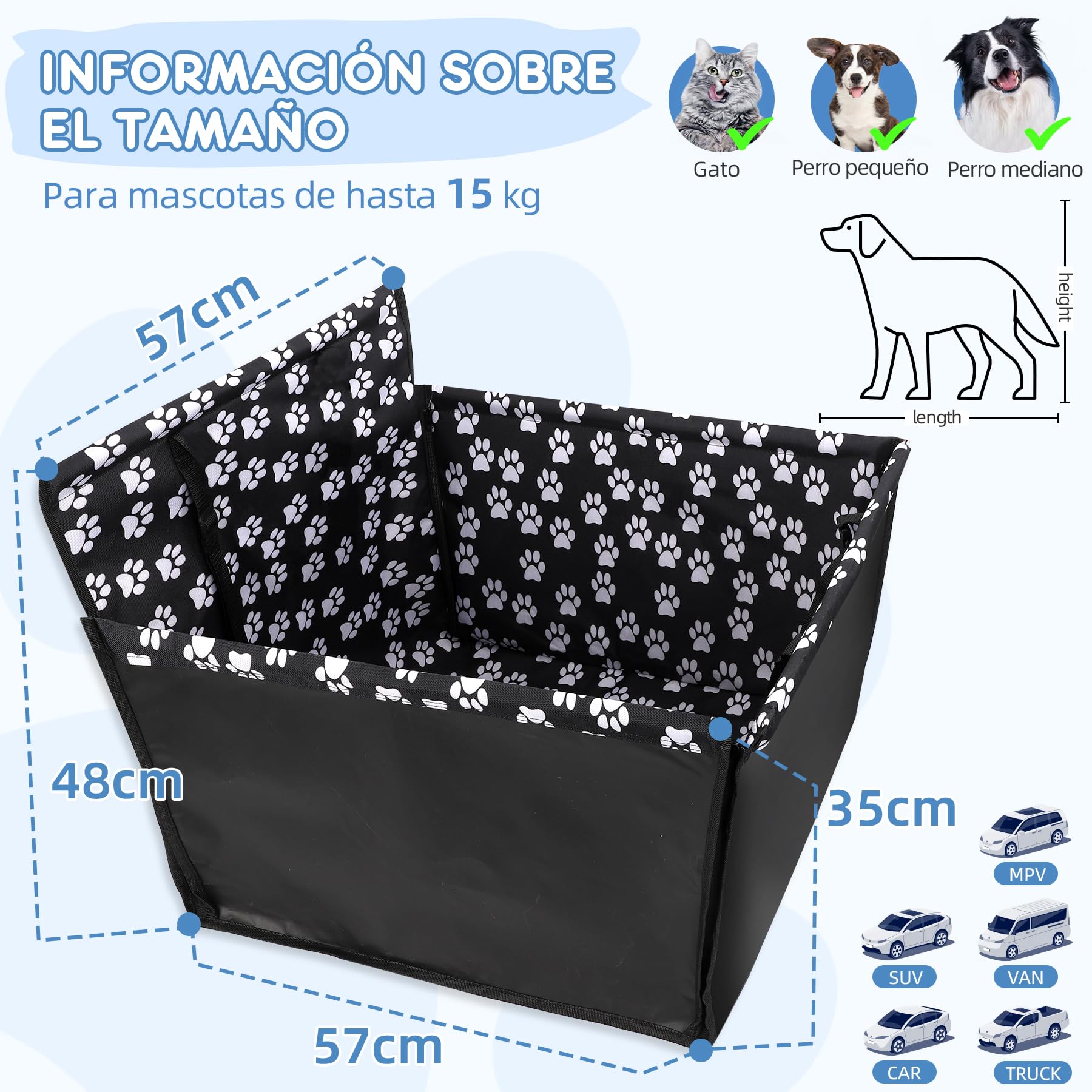 Asiento Coche Perro 68x57x33 cm Impermeable – Transportin Perro Cochee con Cinturón, Cama Perroo Coche, Asiento Perro Cochee Homologado, Funda Auto Mascotas