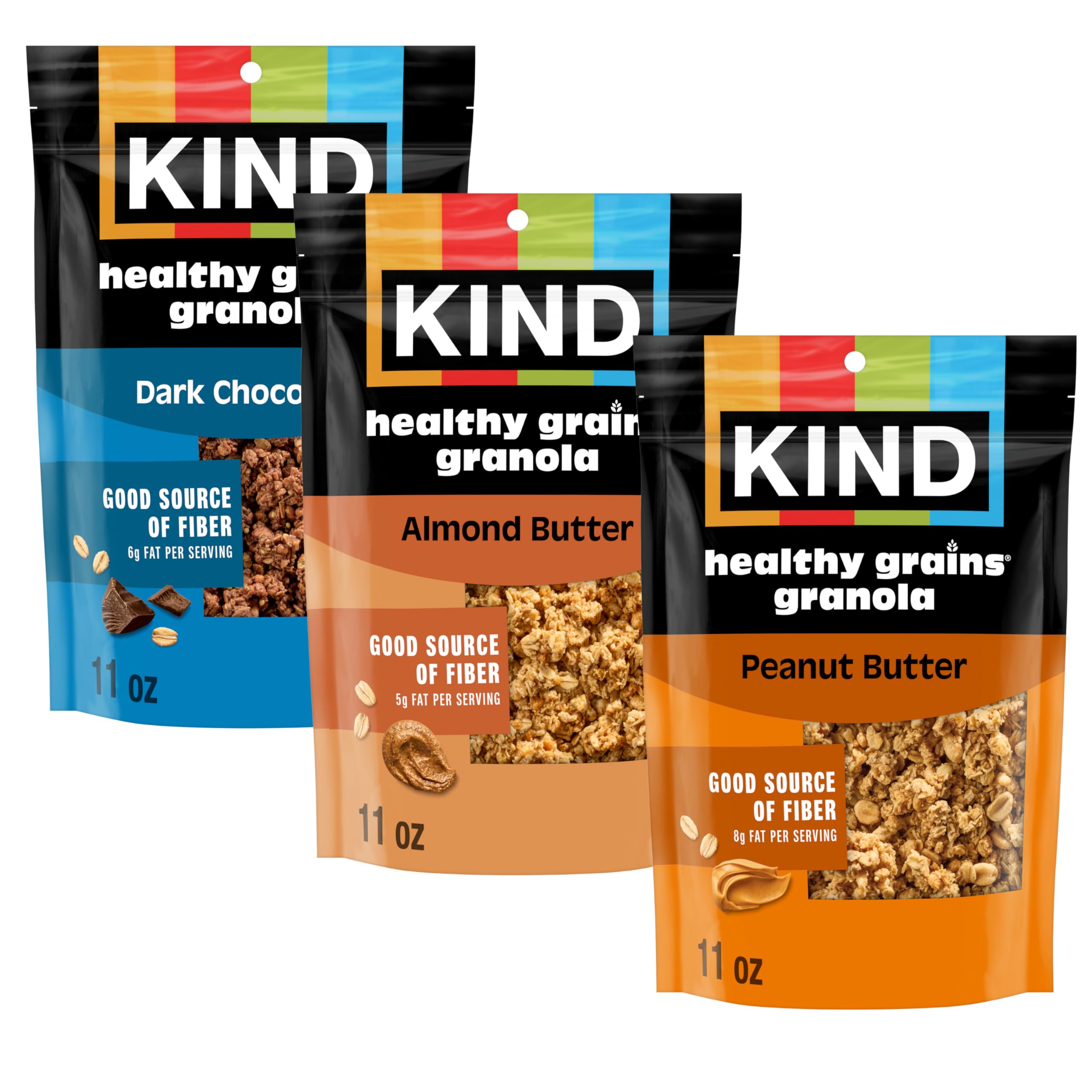 Kind Healthy Grains Granola Variety Pack, Gluten Free, Healthy Snack Mix, Dark Chocolate, Almond Butter, Peanut Butter, 10g Protein, 11oz, 3 Count