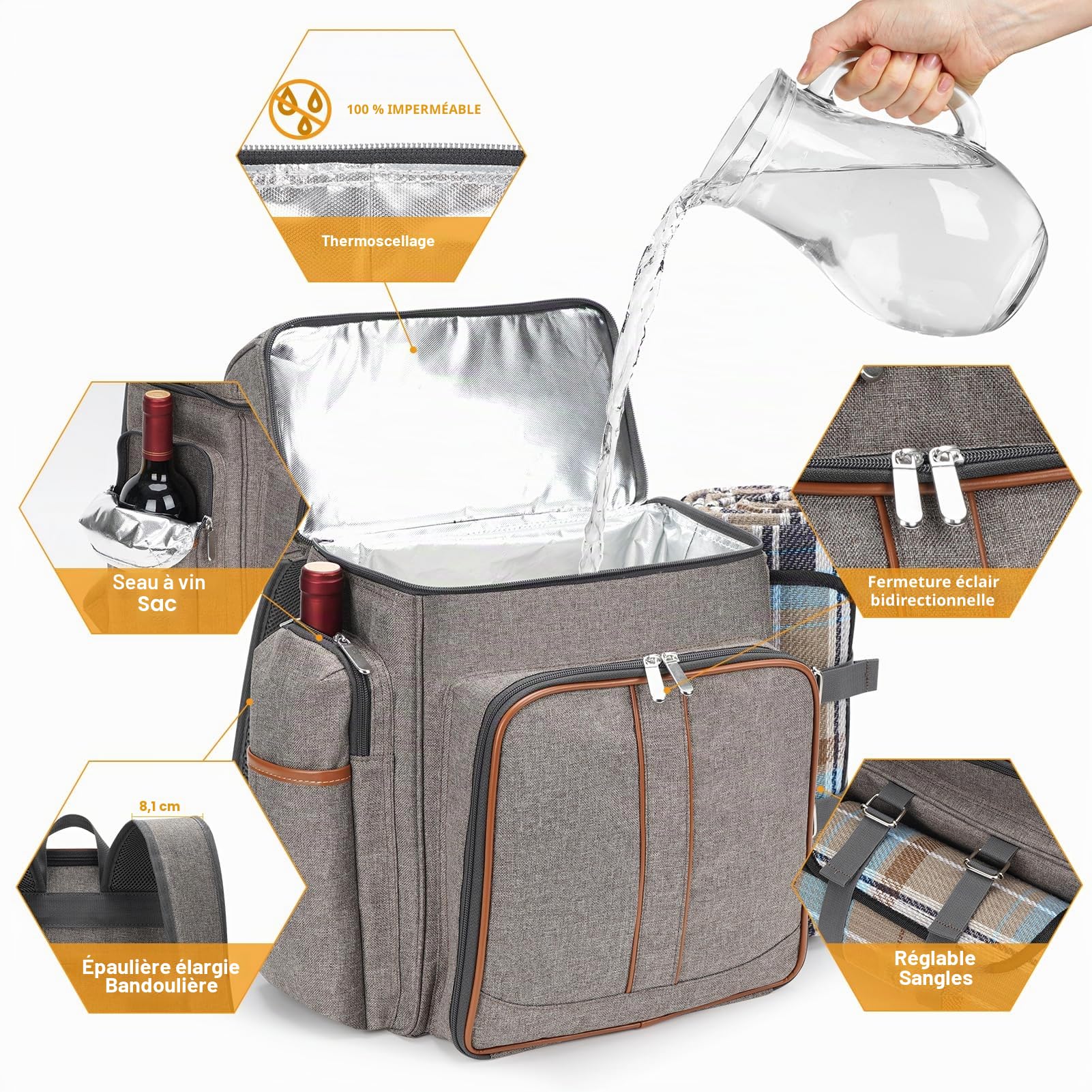 Sac à dos de pique-nique pour 4 personnes, panier de pique-nique, sac de pique-nique étanche avec pochette isotherme pour vin, couverture de pique-nique, sac à dos de pique-nique à double étage pour