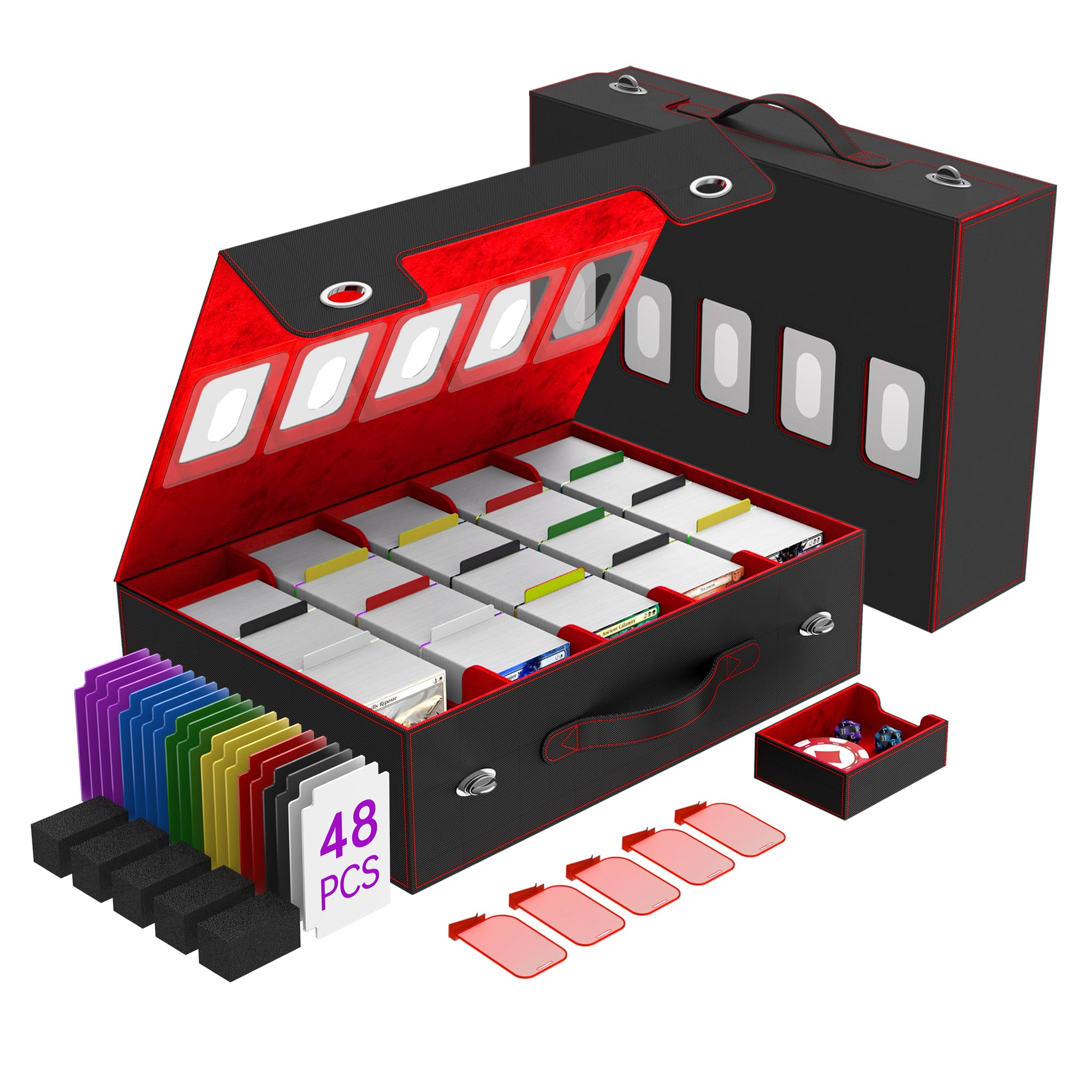 5 lignes Boîte de rangement pour cartes à collectionner,Commander Deck Box | pour plus de 3900 cartes MTG, pour TCG, PTCG,5 séparateurs,1 plateau pour dés,48 murs de séparation (Rouge)