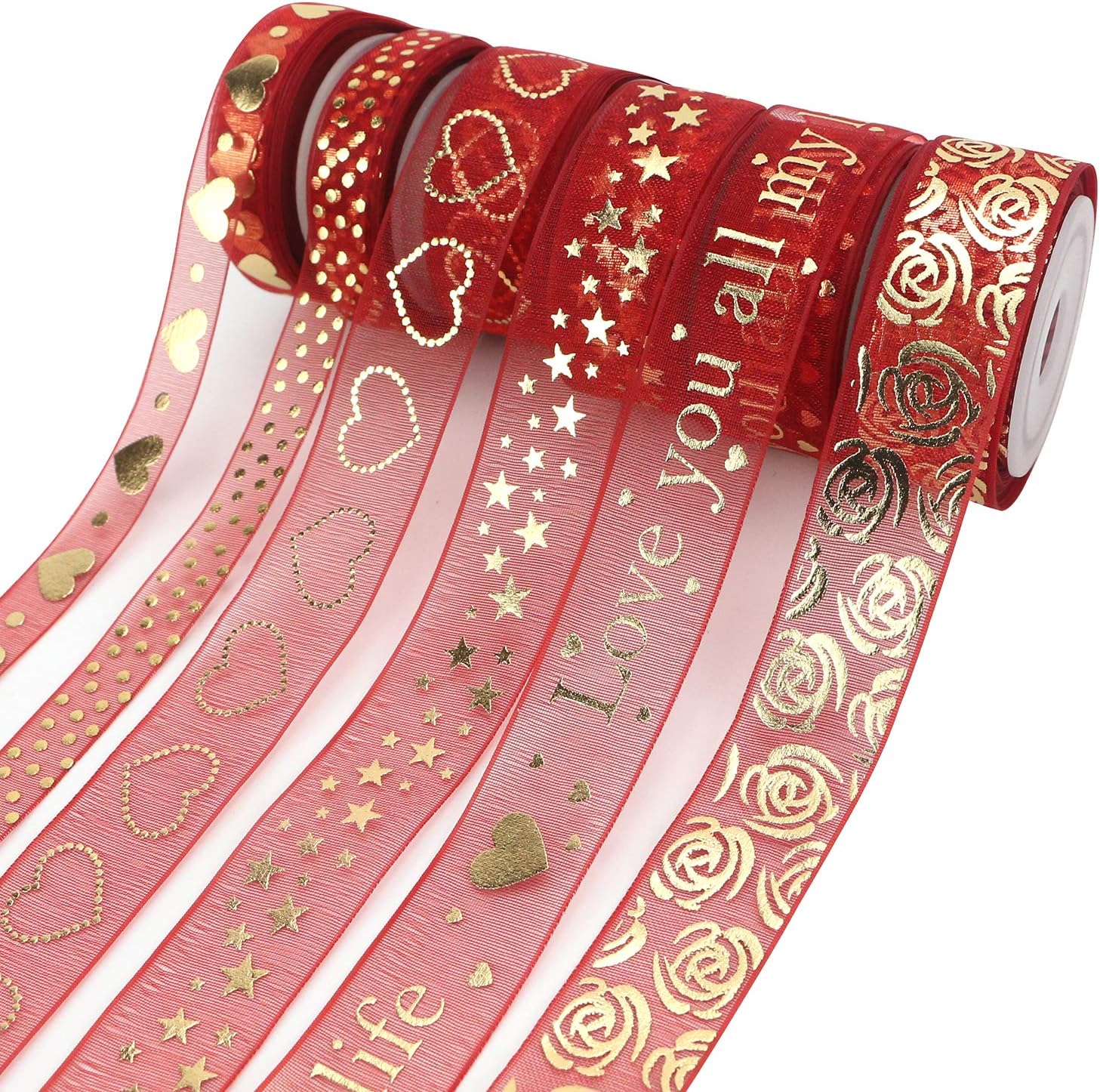 Midi Ribbon Father's Day Ribbon Fathers Decorations Red Organza Ribbon Gold Sheer Ribbon Heart Ribbons, Craft Ribbons for Gift Wrapping Wedding Decoration, 6 Rolls with 5 Yards Each, Total 30 Yards