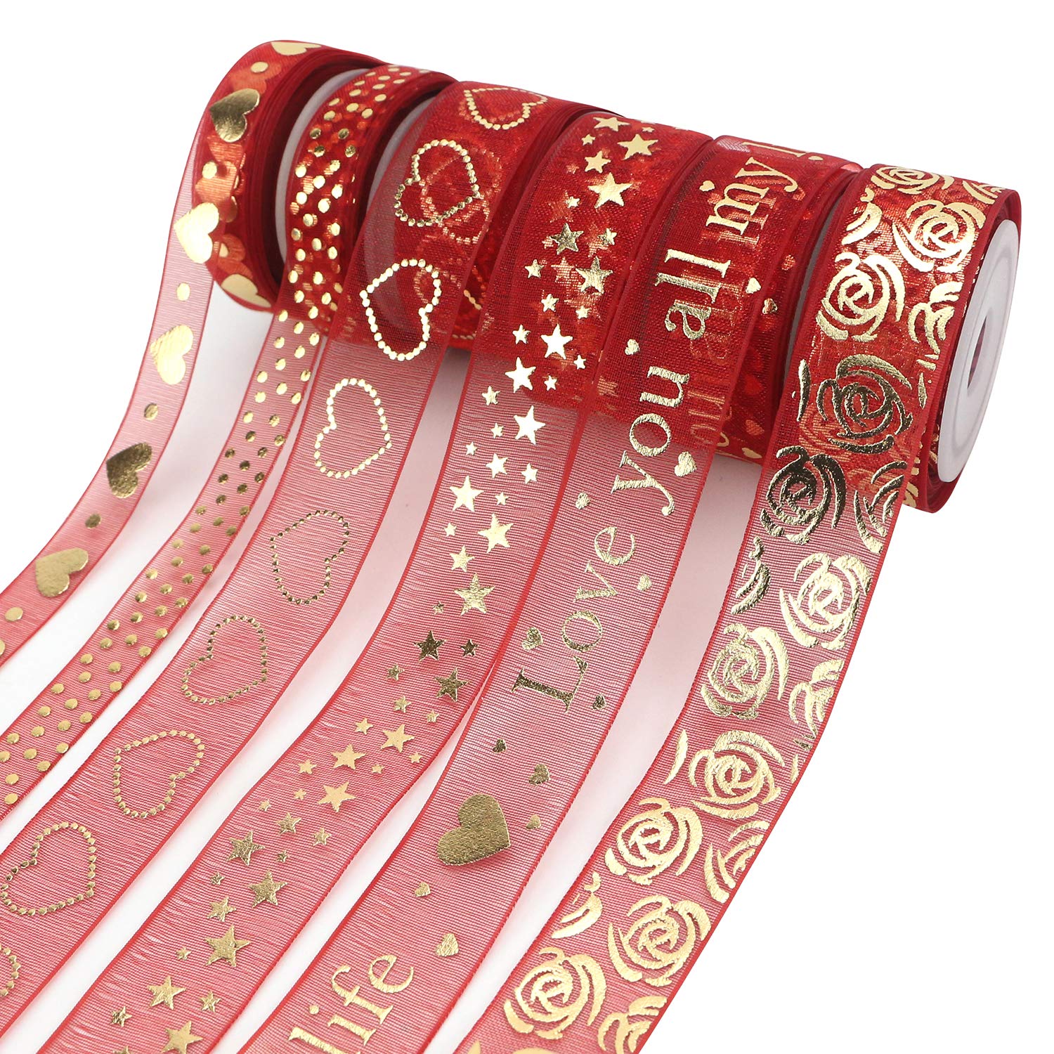 Midi Ribbon Father's Day Ribbon Fathers Decorations Red Organza Ribbon Gold Sheer Ribbon Heart Ribbons, Craft Ribbons for Gift Wrapping Wedding Decoration, 6 Rolls with 5 Yards Each, Total 30 Yards