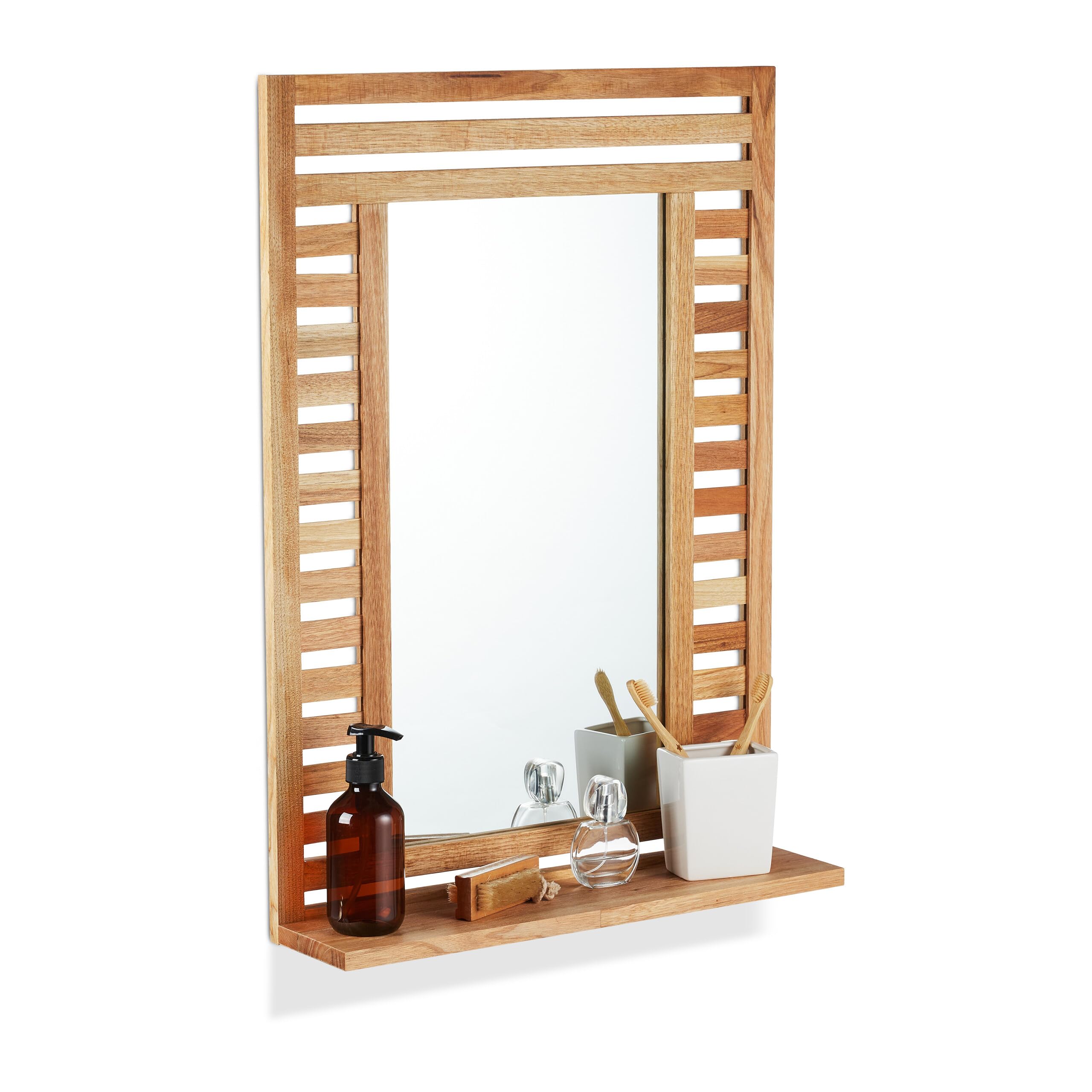 Relaxdays Specchio da Parete da Bagno, Specchiera Rettangolare con Ripiano e Cornice in Legno, 70 x 50 x 12 cm, Marrone