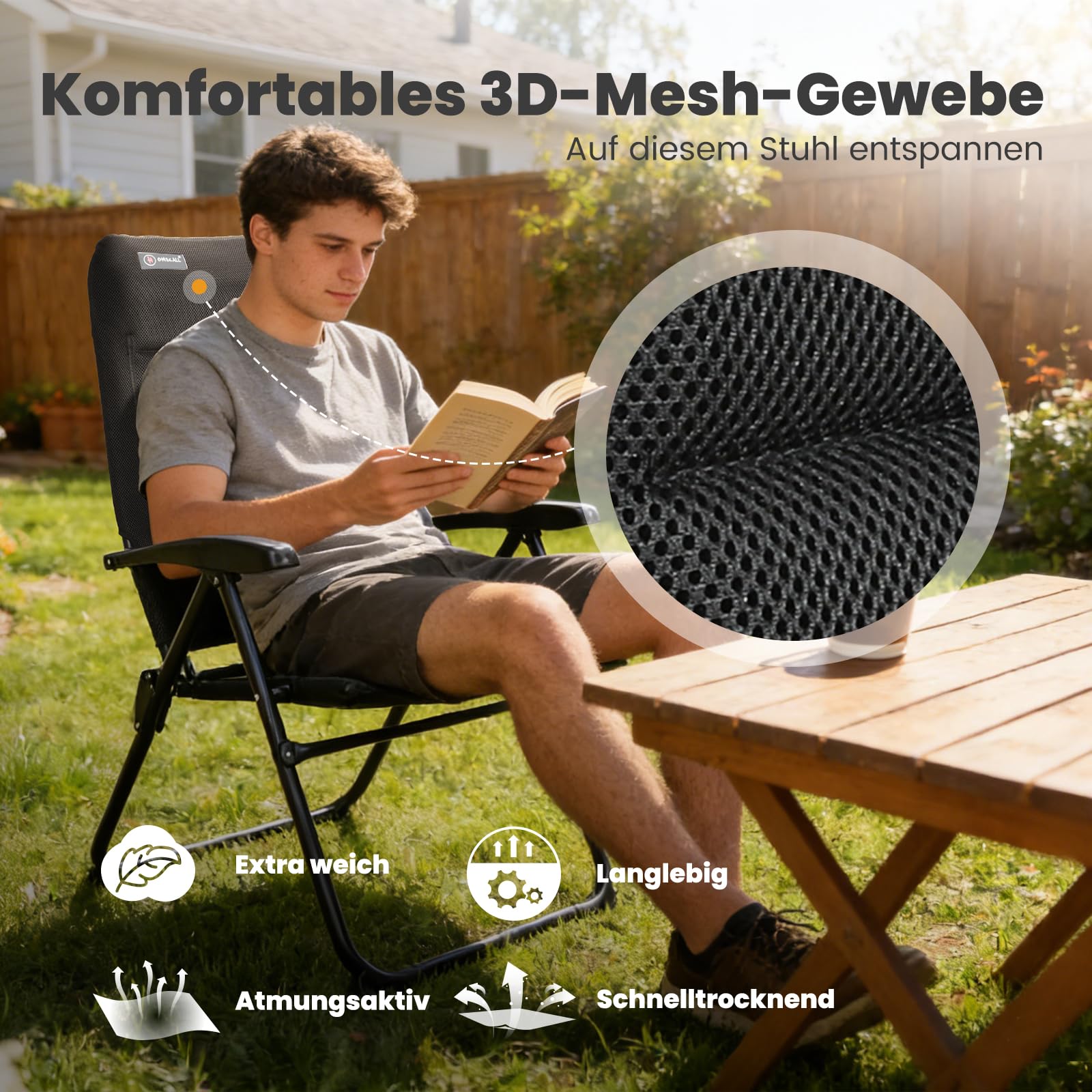 Homecall 2 er Set Campingstuhl Faltbar Gartenstuhl Klappbar Hochlehner Belastbar 150 KG - Balkonstuhl Angelstuhl Terrassenstühle, 5-Fach Verstellbare Rückenlehne mit Armlehne für Camp, Garten, Balkon