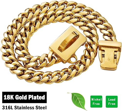 Miniatura 3 de Collar de cadena de oro para perro, chapado en oro de 0.394 in, cadena de eslabones cubanos de acero inoxidable fuerte con etiqueta de