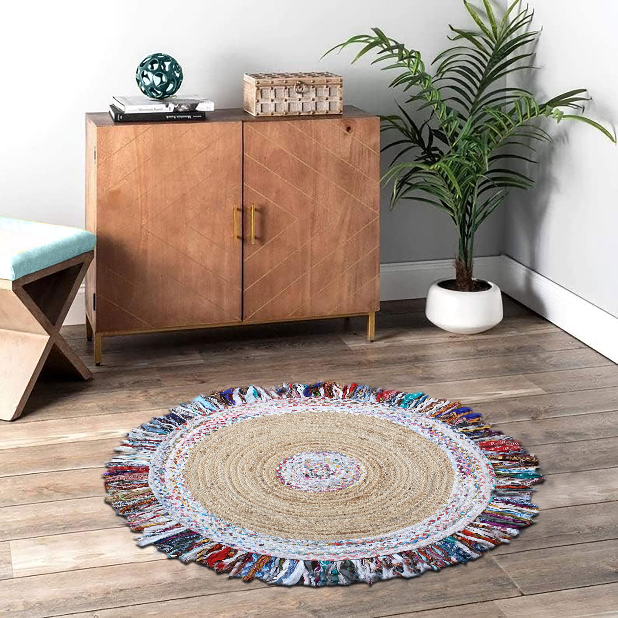 Tapis en jute et coton multicolore de style bohème pour chevet