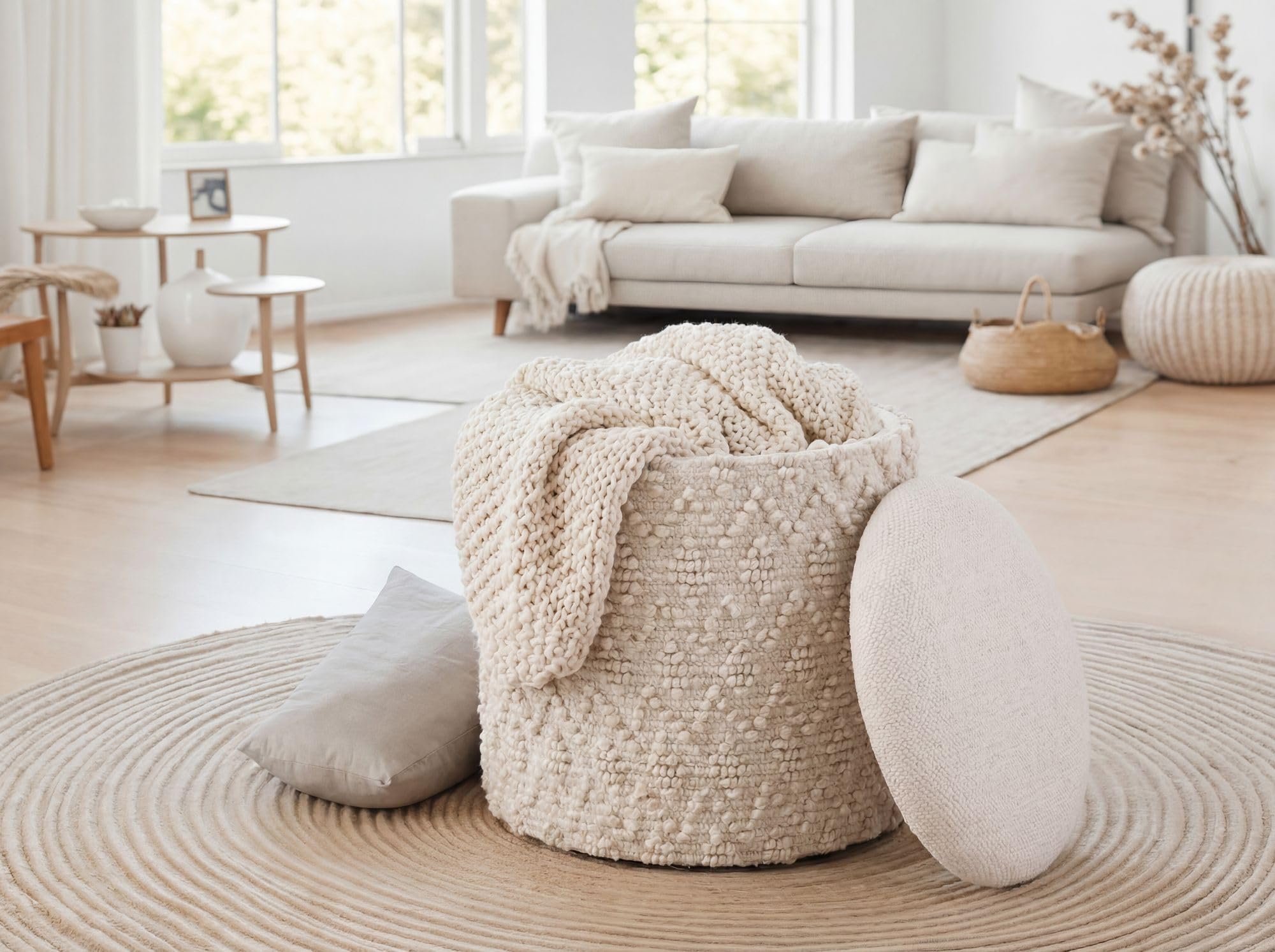 WOHNLING Pufa ze Schowkiem Ø 40 cm Wełna Kremowa, Pufa Okrągła