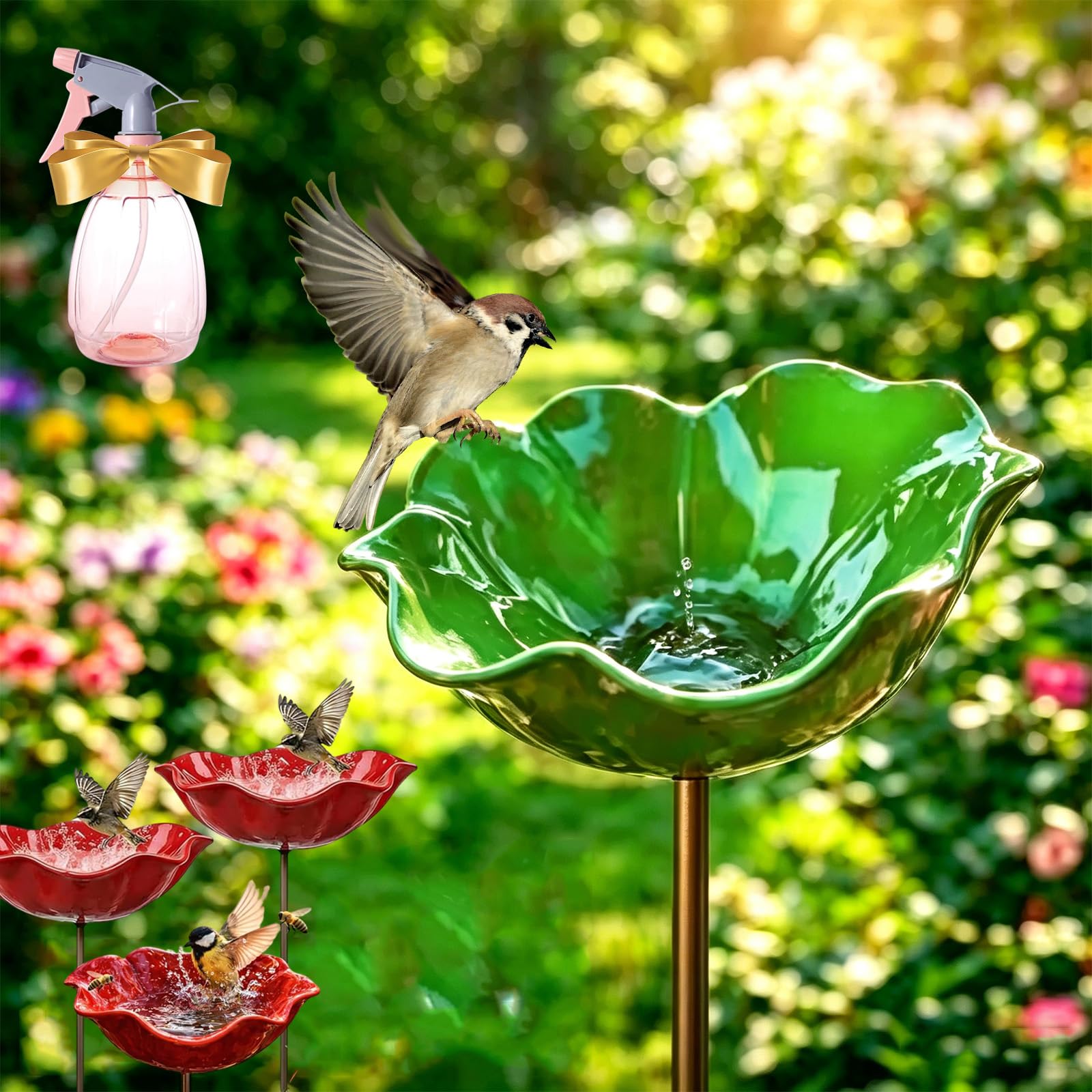 Snrtevu 2026 New Handmade Metal Flower Garden Stake, Metal Flowers For Garden, Metal Flower Garden Stake Bird Feeder, Flower Bird Bath Ground Plug Design For Yard, Lawn & Patio Decor (3, Green)
