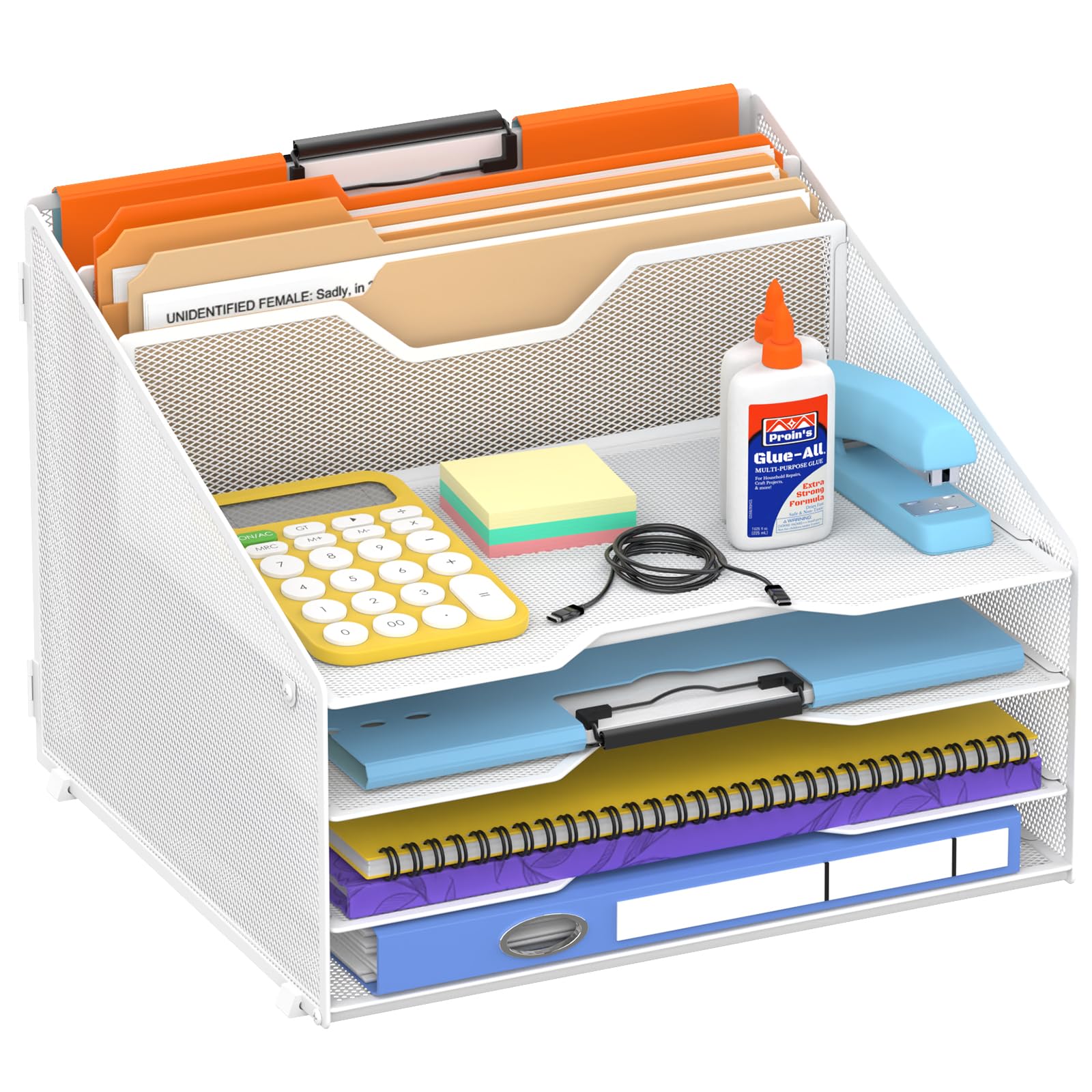 Supeasy White 3-Tier Desk Organiser With File Holder, Desktop Letter Tray Holder With 3 Paper Trays And 2 Vertical Section For Folder(White)