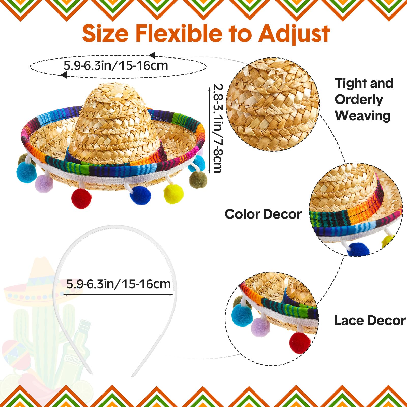 Mumufy 12 Pcs Cinco De Mayo Sombrero Headband Hats Bulk Mini Hat Headband with Fiesta Fabric Mexican Theme Decorations(Stylish)