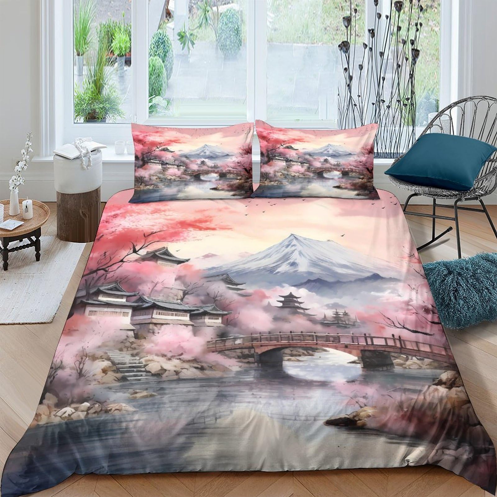 Ctjqhvkz Style-1 3D Printed Sakura Landscape Fitted Sheet Microfiber Breathable Mount Fuji Mattress Cover For Bedroom Home Decor Single（135X200cm）