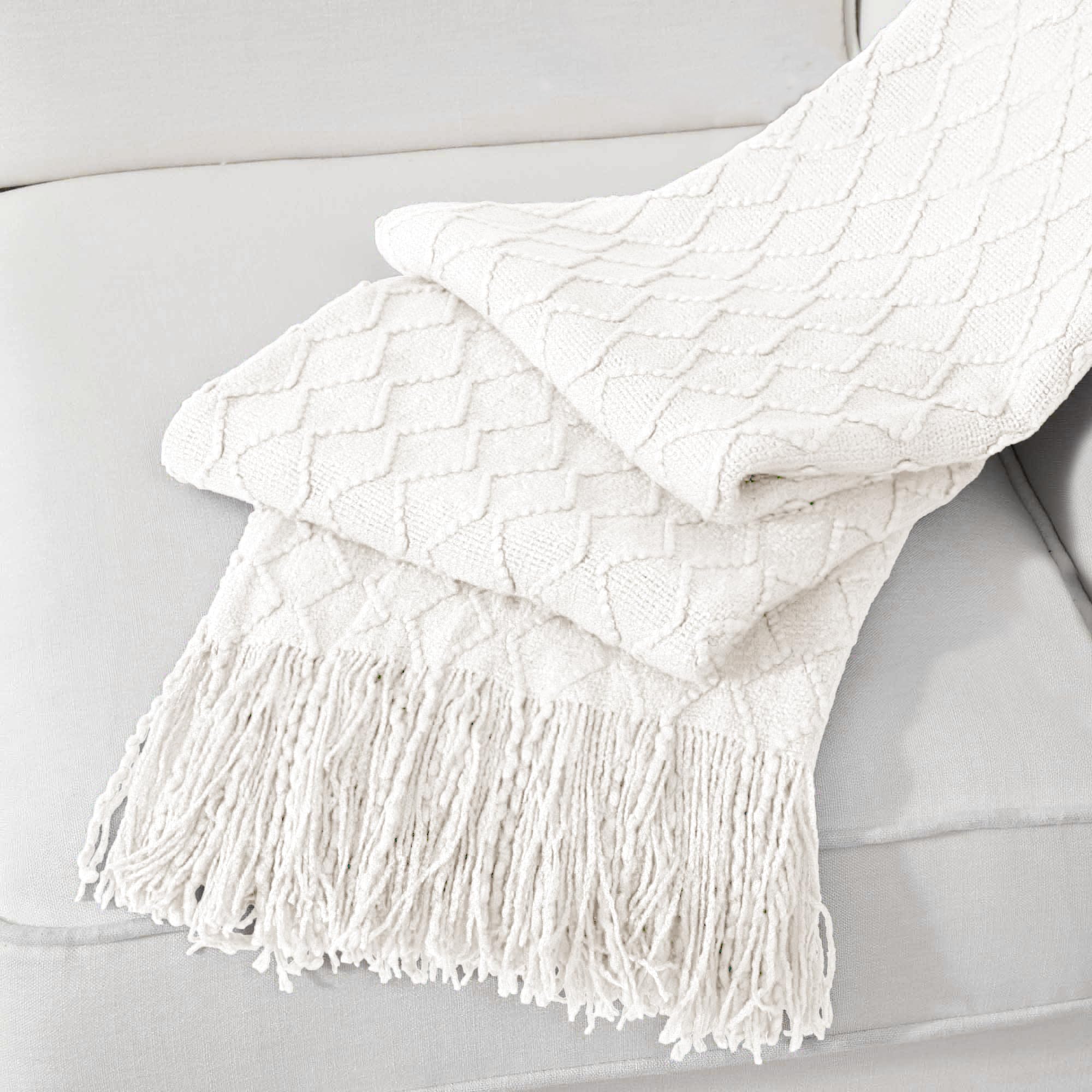 BATTILO HOME Ivory White Throw Blankets for Couch, Off White Lightweight Decorative Blankets and Throws, Boho Warm Knit Blanket for Men and Women, 50"x60"