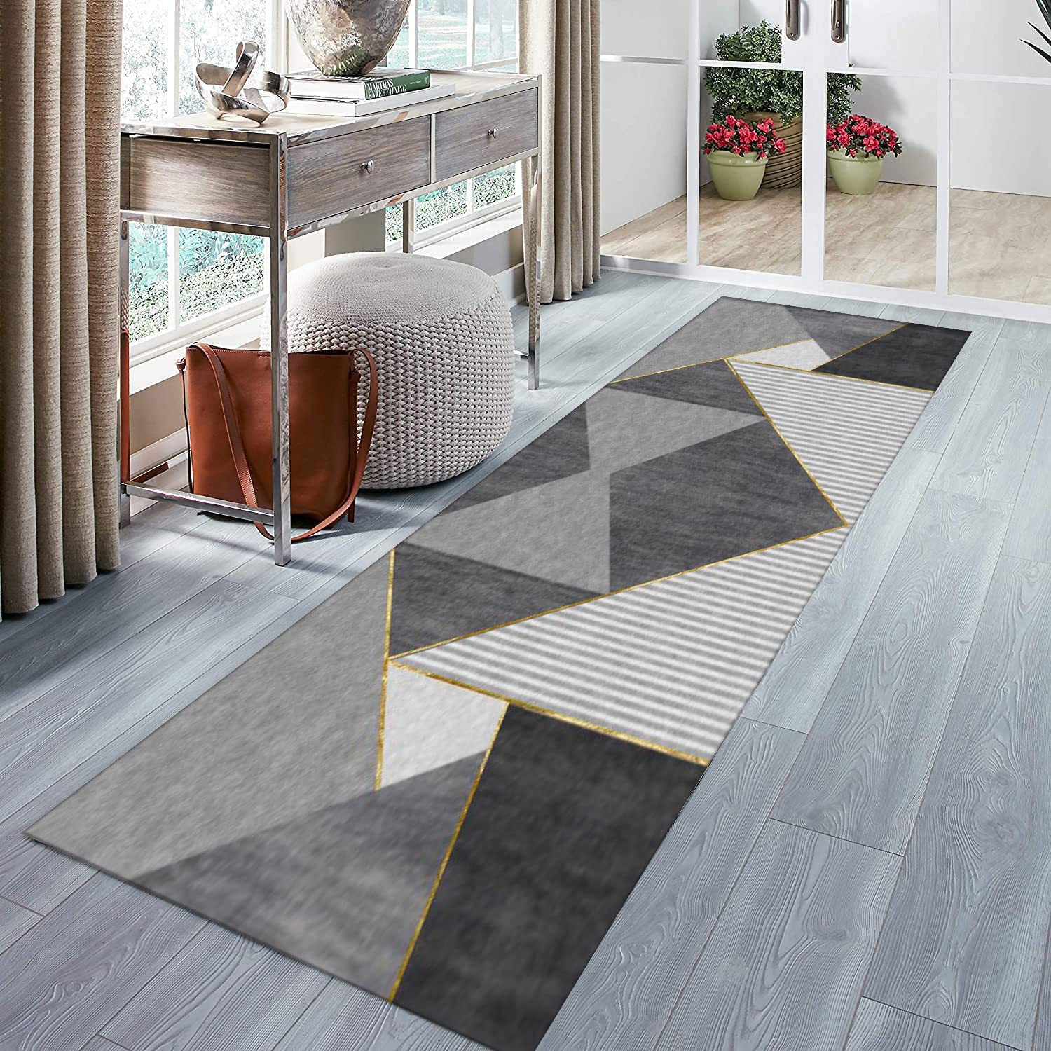 Läufer Teppich Flur Wohnzimmer rutschfest Modern Geometrisches Design Vielseitiger Teppich für Küchenräume