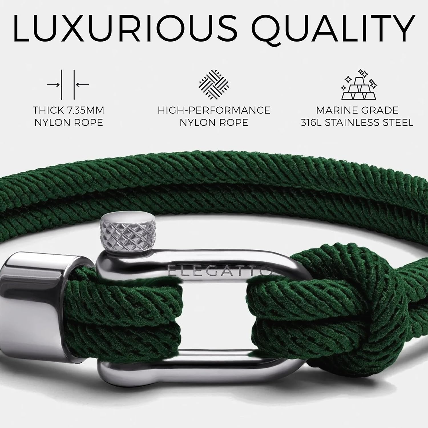 Elegatto Alchor Platinum Rope Bracelet for Men | Premium Nylon Marine Cord with Silver Polished Stainless Steel Shackle Closure | Waterproof and Fade-Resistant | Men’s Designer Bracelets
