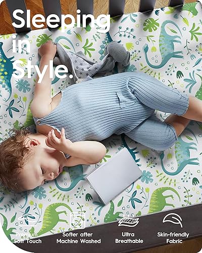 Miniatura 5 de Sábanas de dinosaurio para cuna para niños, sábana bajera ajustable de cuna suave de alta calidad, sábanas de bebé ultra transpirables, sábanas