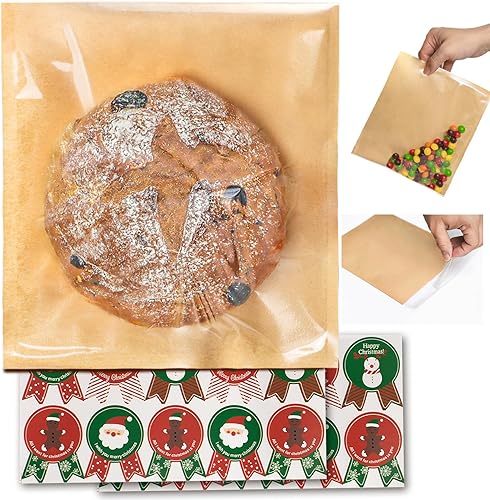 Bolsas de sándwich autosellantes con sello, 7 x 9.2 pulgadas, 200 bolsas de papel para panadería con ventana, resistentes a la grasa para empaquetar