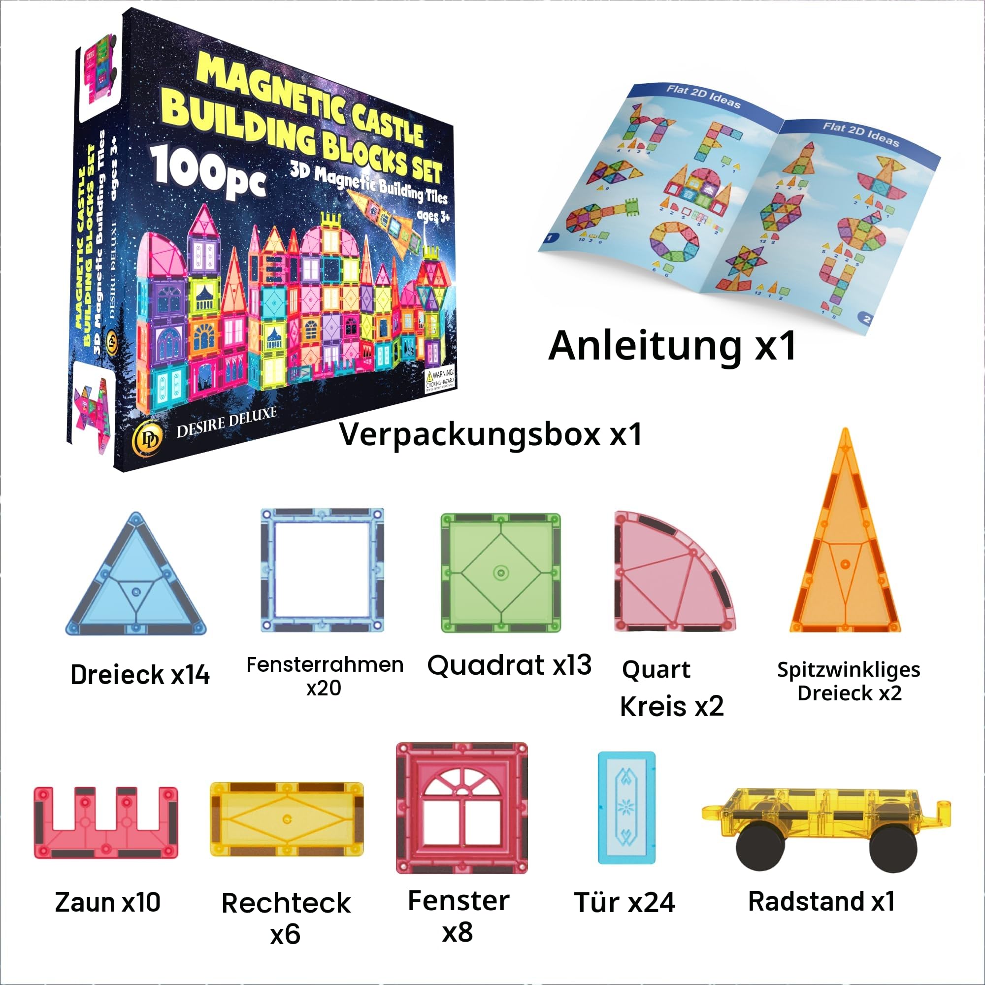 Desire Deluxe Magnetische Fliesen Bausteine Set Spielzeug für Mädchen & Jungen ab 3 Jahren – Pädagogisches Magnet-STEM-Lern-Konstruktionsspielzeug Vorschule Gehirnentwicklungsspielzeug für Kinder