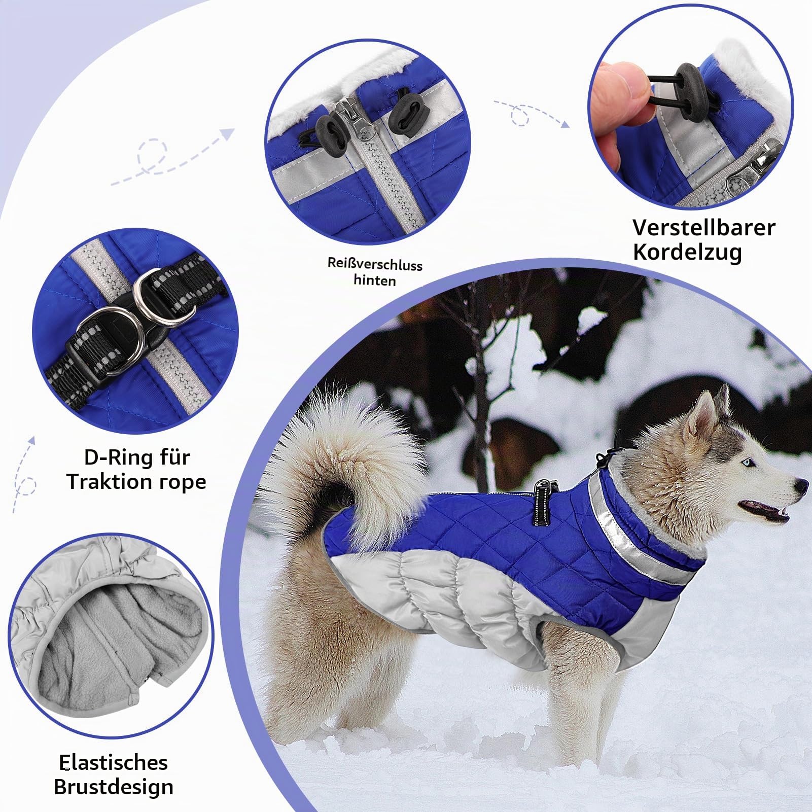 CITÉTOILE Winter Hundemantel mit Geschirr für Mittel Hunde Blau M