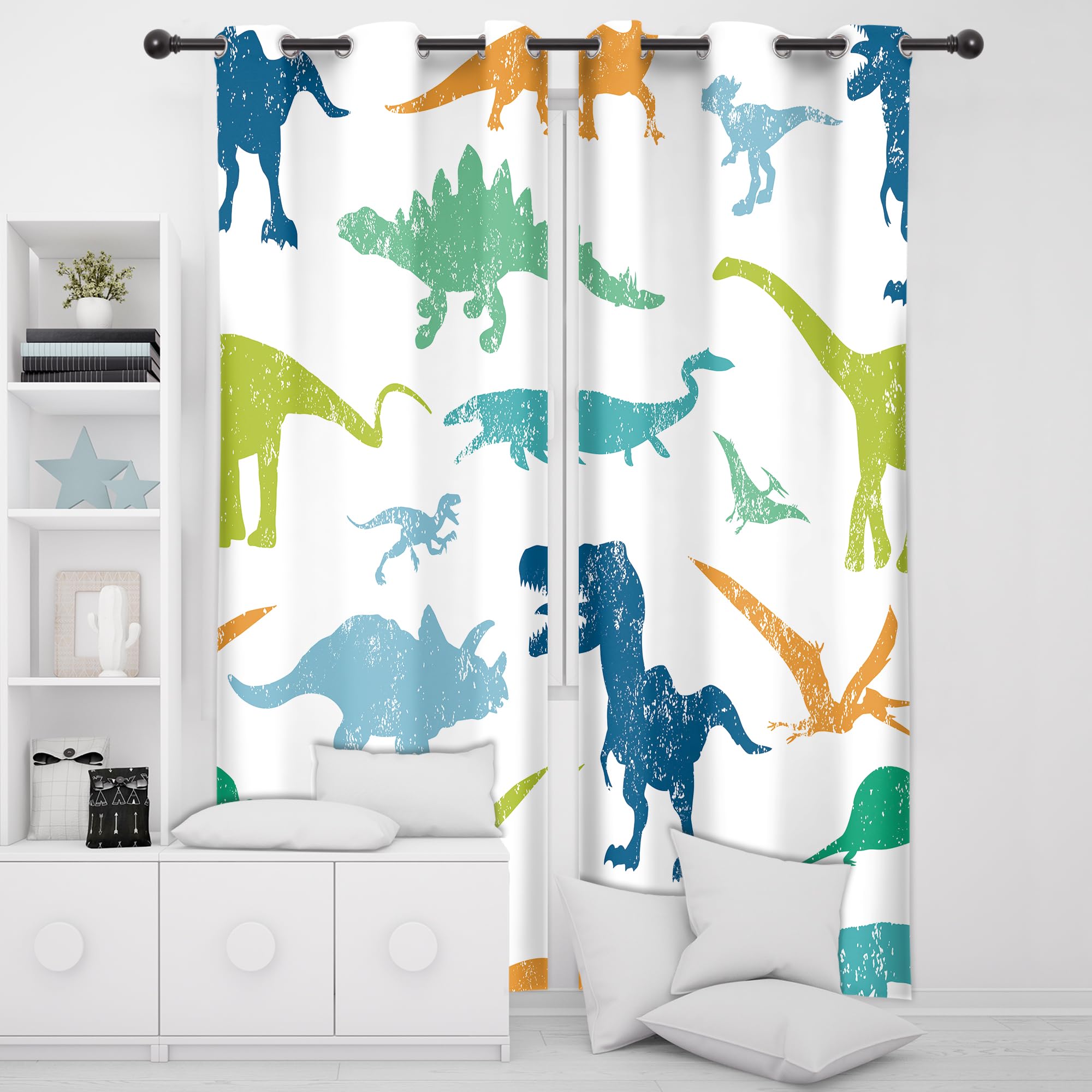 Cinbloo Boys Dinosaur Blackout Curtains Grommet 2 Panels Kids Colorful Cartoon Dino Divider Outdoor 52W x 84L Inch Cute Wildlife Silhouettes Art Printed Living Room Bedroom Window Drapes Treatment