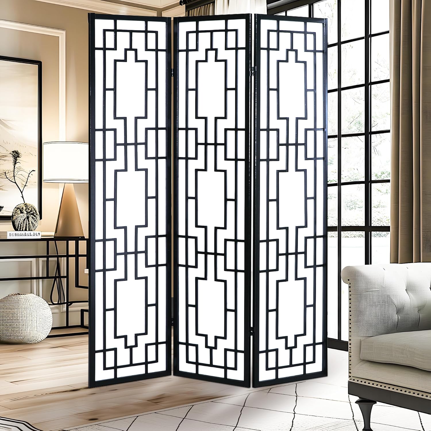 ( similar) NicBex Room Divider 3 Panel Room Dividers with Geometric Lattice Design Partition Room Dividers and Folding Privacy Screens Wall Divider for Office, Room Separation,70\" W x 0.8\" D x 70.3\" H, Black Black 70\"W x 0.8\"D x 70.3\"H 3 Panel