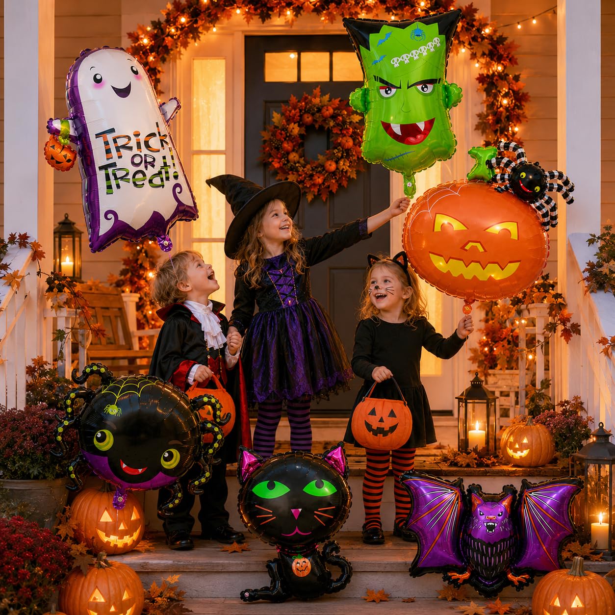 Halloween Deko Folienballon Set, 6 Stück XXL Luftballon Geist Katze Spinne Kürbis Fledermaus Grün Monster Kopf Happy Halloween Ballon für Kinder Horror Thema Trick or Treat Gruselig Party Dekoration