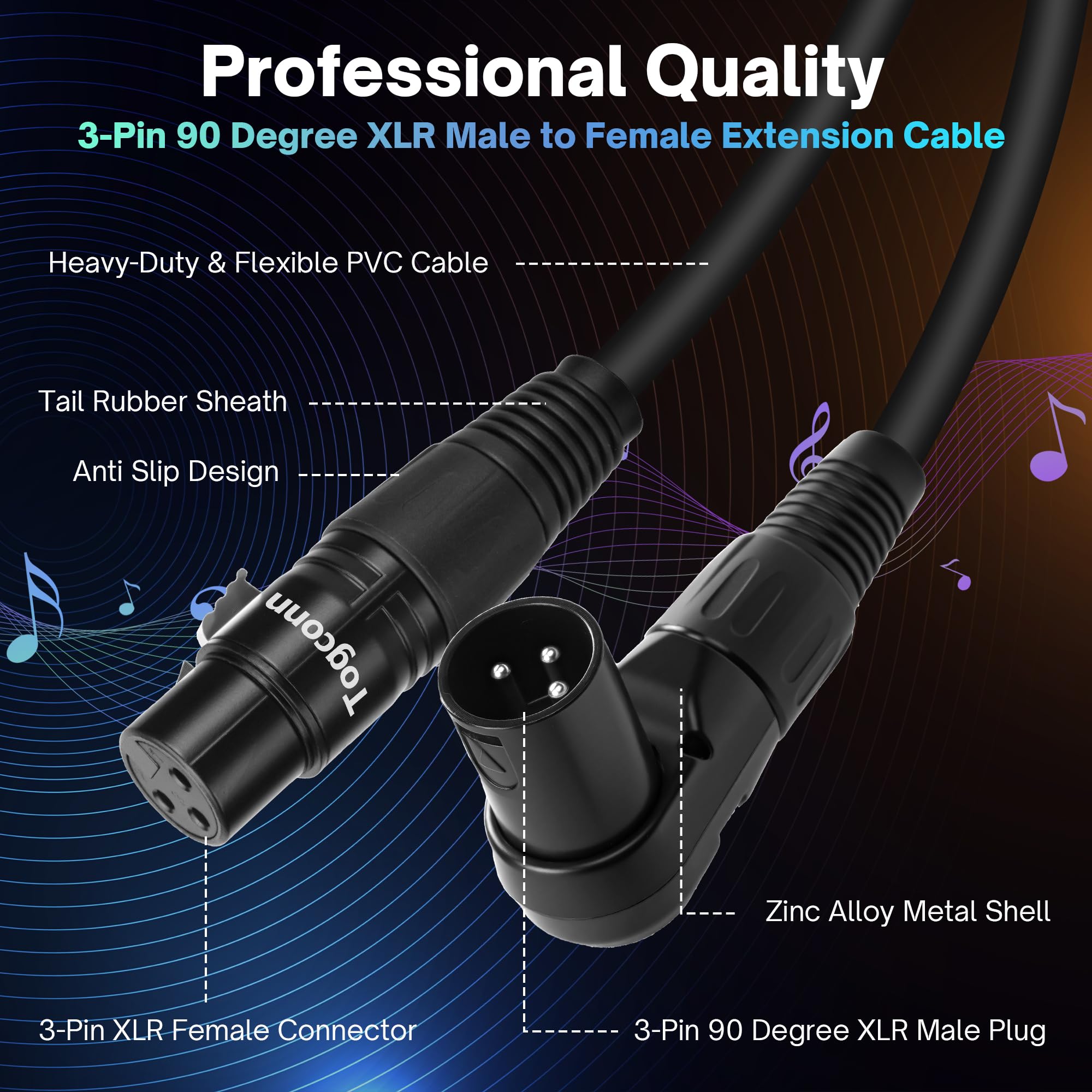 Paquete de 6 adaptadores de cable de extensión de micrófono XLR en ángulo recto de 0.6 pies, conector XLR macho a hembra recto de 3 pines para altavoz, estudio de grabación, mezclador de micrófono