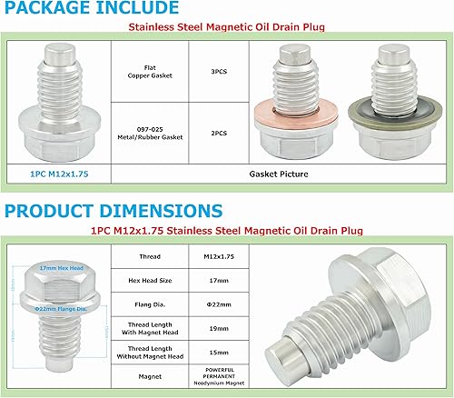 Miniatura 8 de 1 tapón magnético de drenaje de aceite de acero inoxidable M14x1.0.197 in para Honda Accord Civic CR-V Odyssey, Acura Ford GM Mazda Hyundai KIA Audi