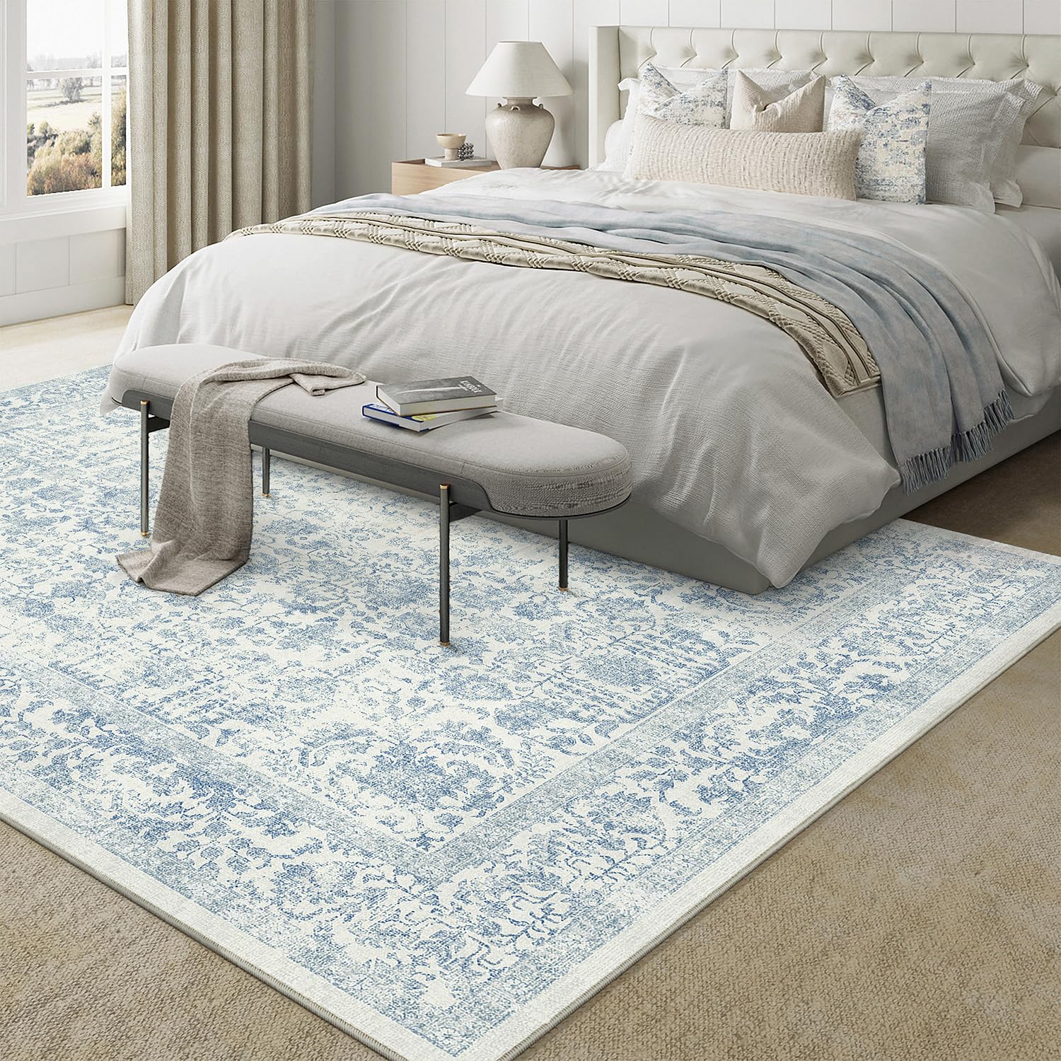 HUGEAR Vintage Tappeto Salotto Blu Tappeti 150x210cm Soggiorno Antiscivolo Lavabile in Lavatrice Tapette Camera da Letto Sala Ufficio Bambina Bambino Pelo Corto Grande Carpet