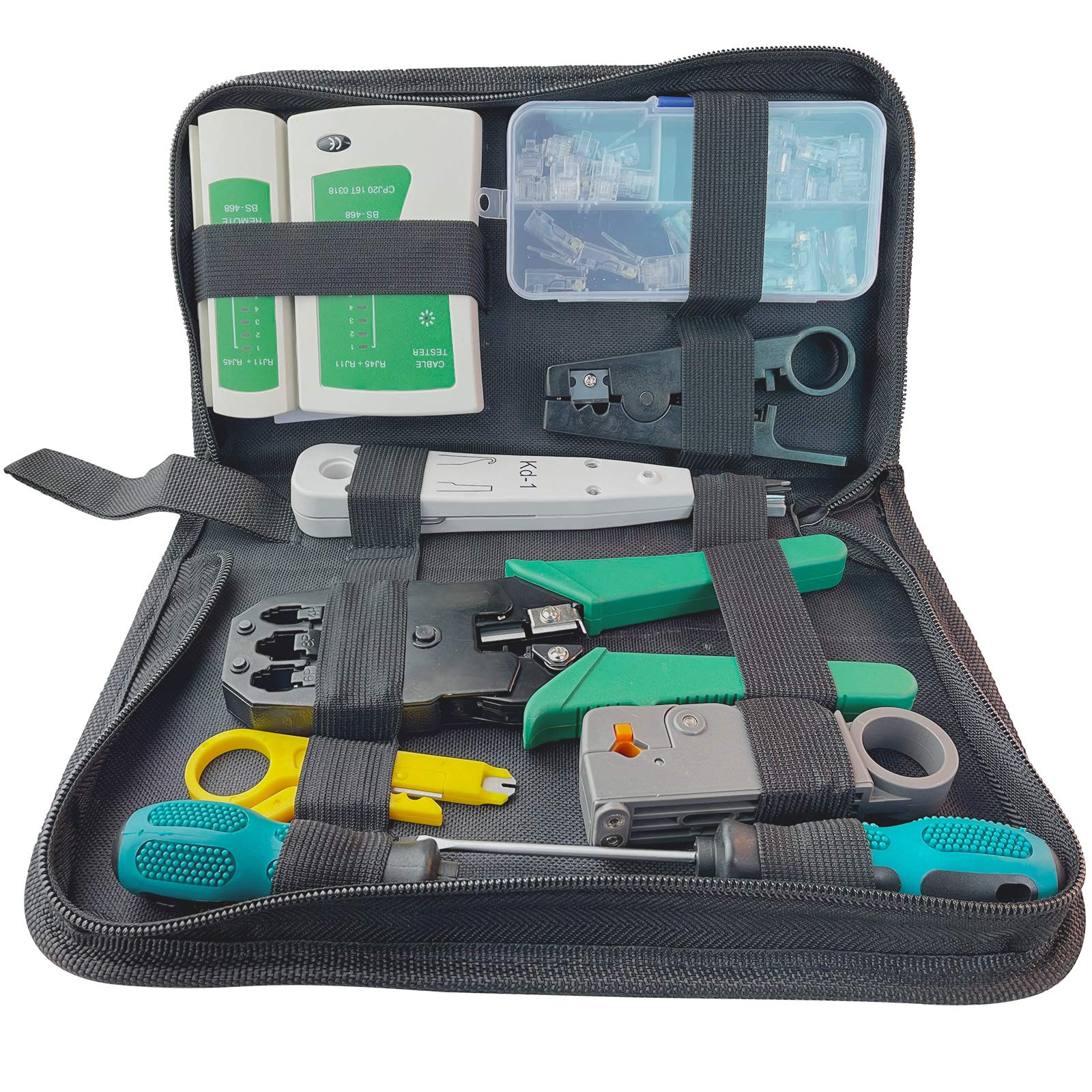 eKL Network Cable Repair Maintenance Portable Tool Kit Set Rj45 Rj11 Cat5e Cat6 8P8C 4P4C 6P6C Connectors Tester Crimper Stripper Cutter
