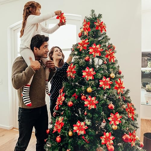 Miniatura 9 de WEISPARK Flores de Pascua de Navidad  12 piezas artificiales de flor de pascua roja dorada para árbol de Navidad con purpurina para Navidad, Año