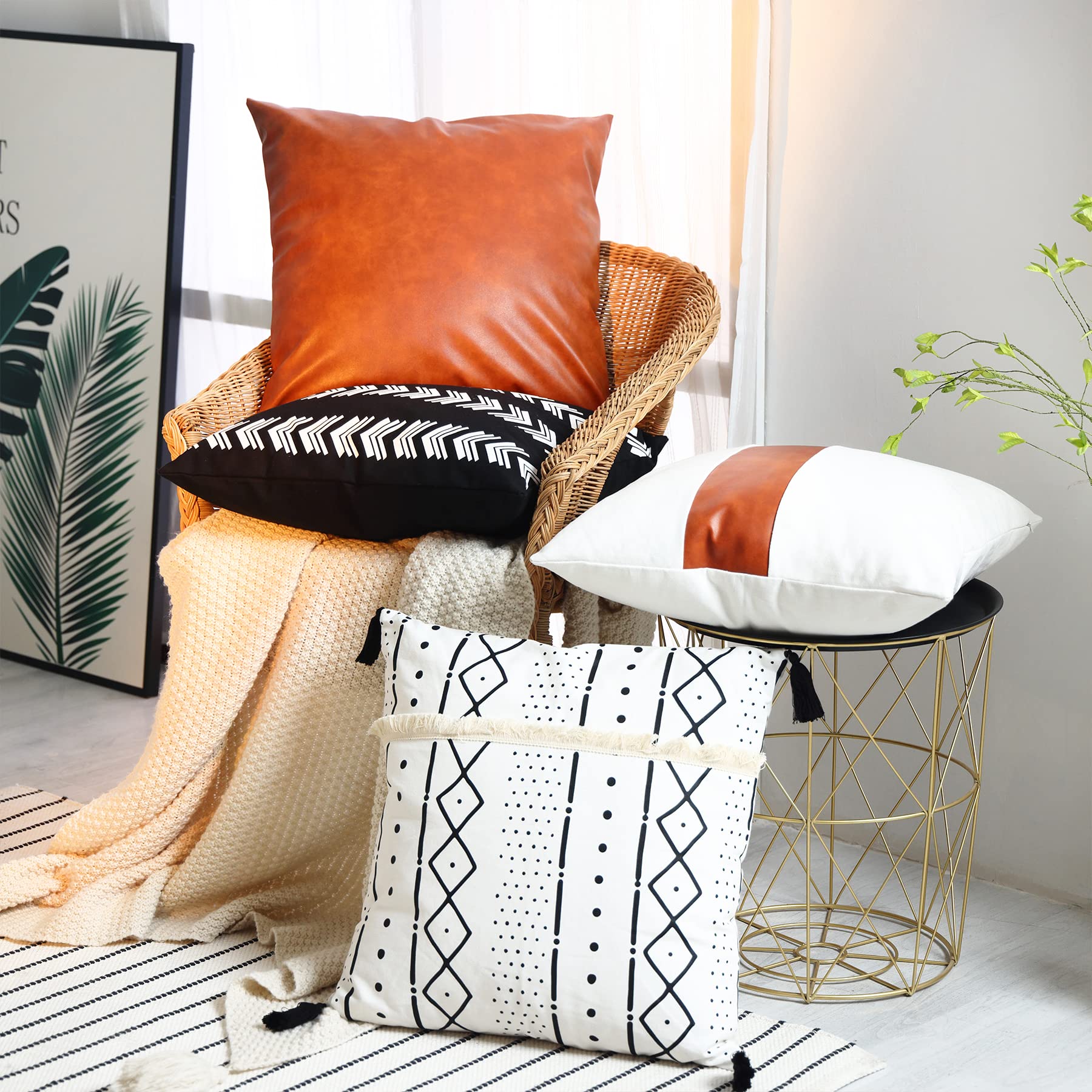 GALMAXS7 Boho Throw Pillow Covers 20 x 20 Set of 4,Faux Leather Throw Pillow Covers,Modern Farmhouse Decorative Pillow Cover Sets for Living Room Couch Sofa Bed,Black and White Pillow Covers