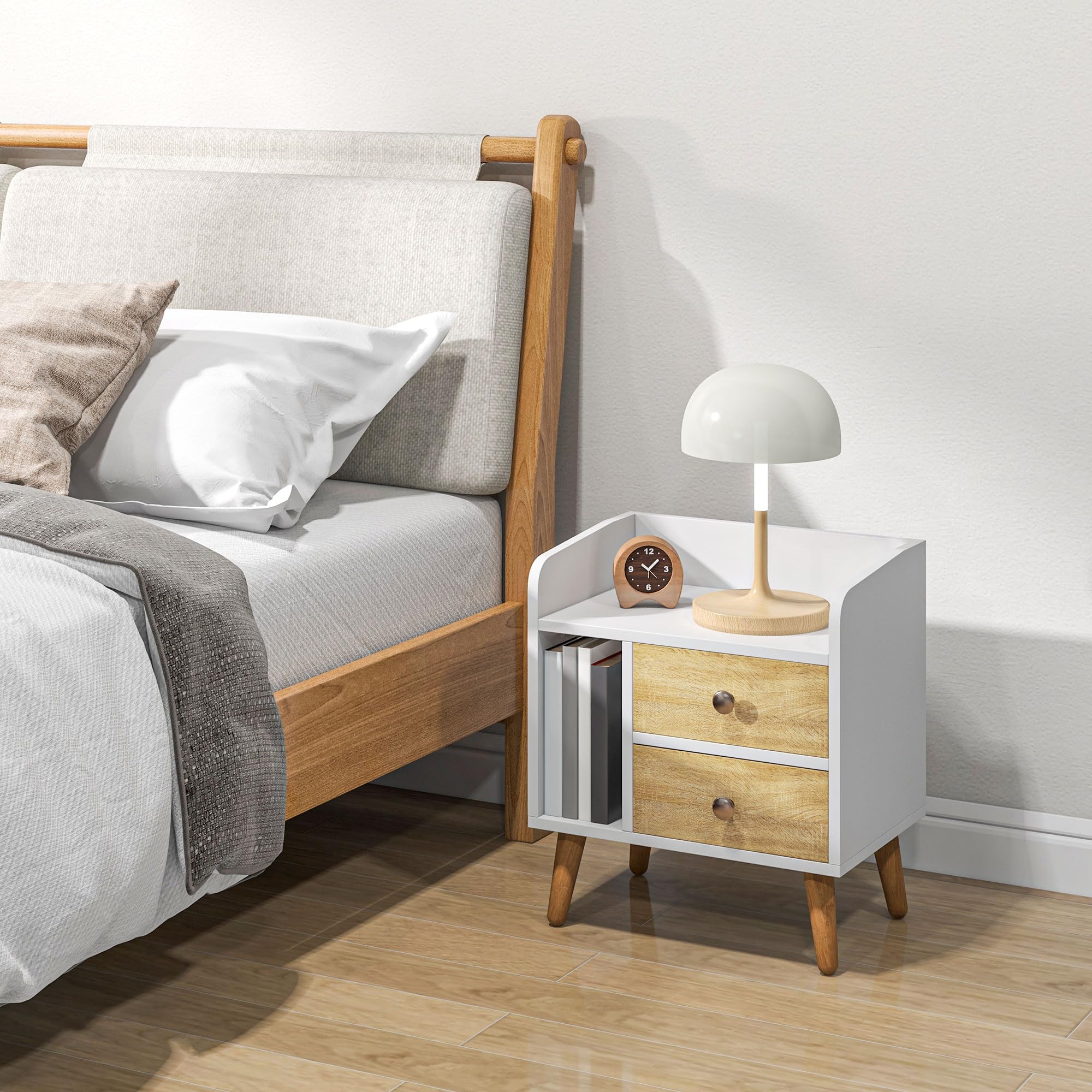 HOMCOM Mesita de Noche 2 Cajones Patas Elevadas de Pino 43x30x49 cm Blanco