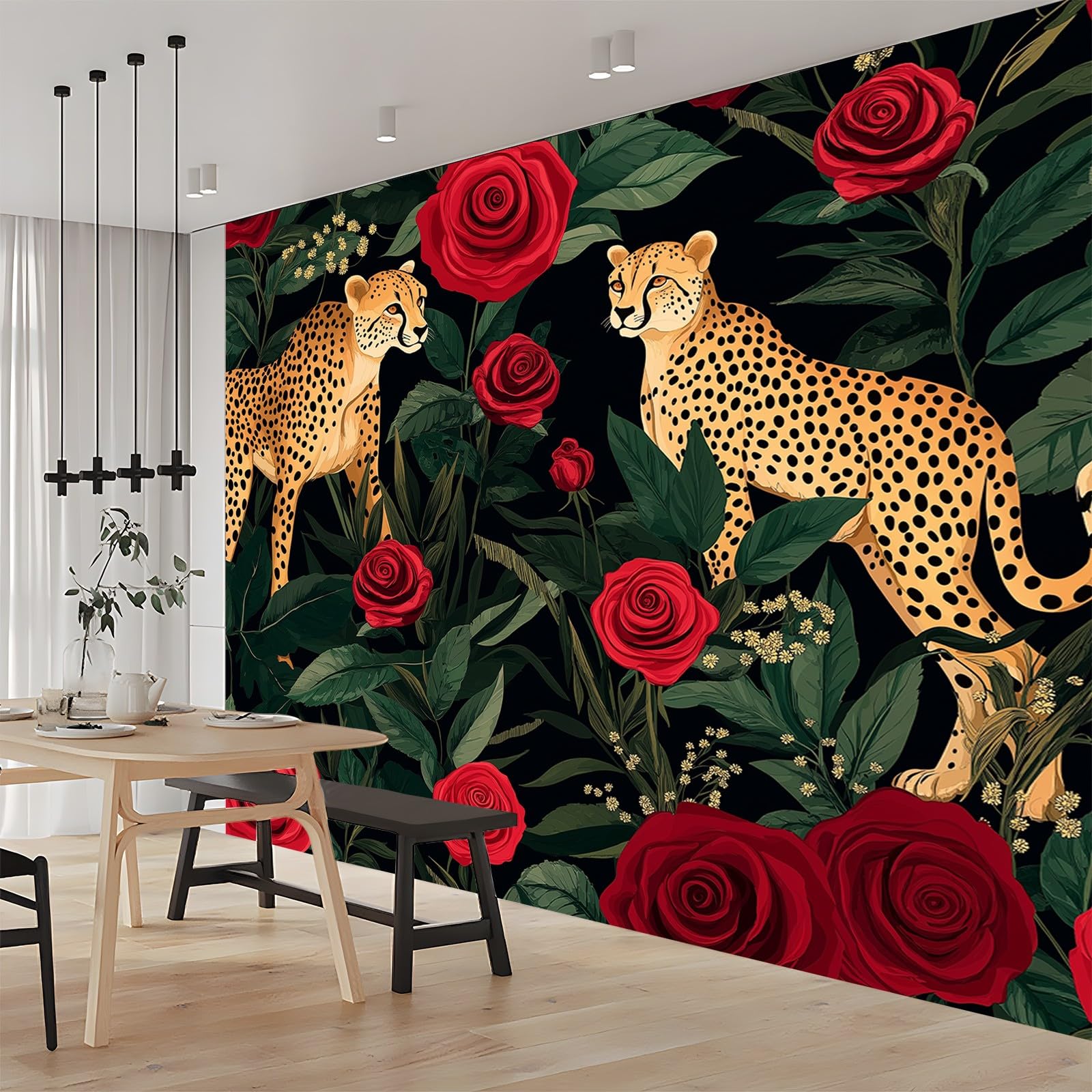 Panoramiczne tapety zwierzęta kwiaty elegancja czerwony czarny 200 x 140 cm (szer. x wys.), nowoczesna tapeta z włókniny do sypialni salonu biura spersonalizowana dekoracja ścienna restauracja pokój