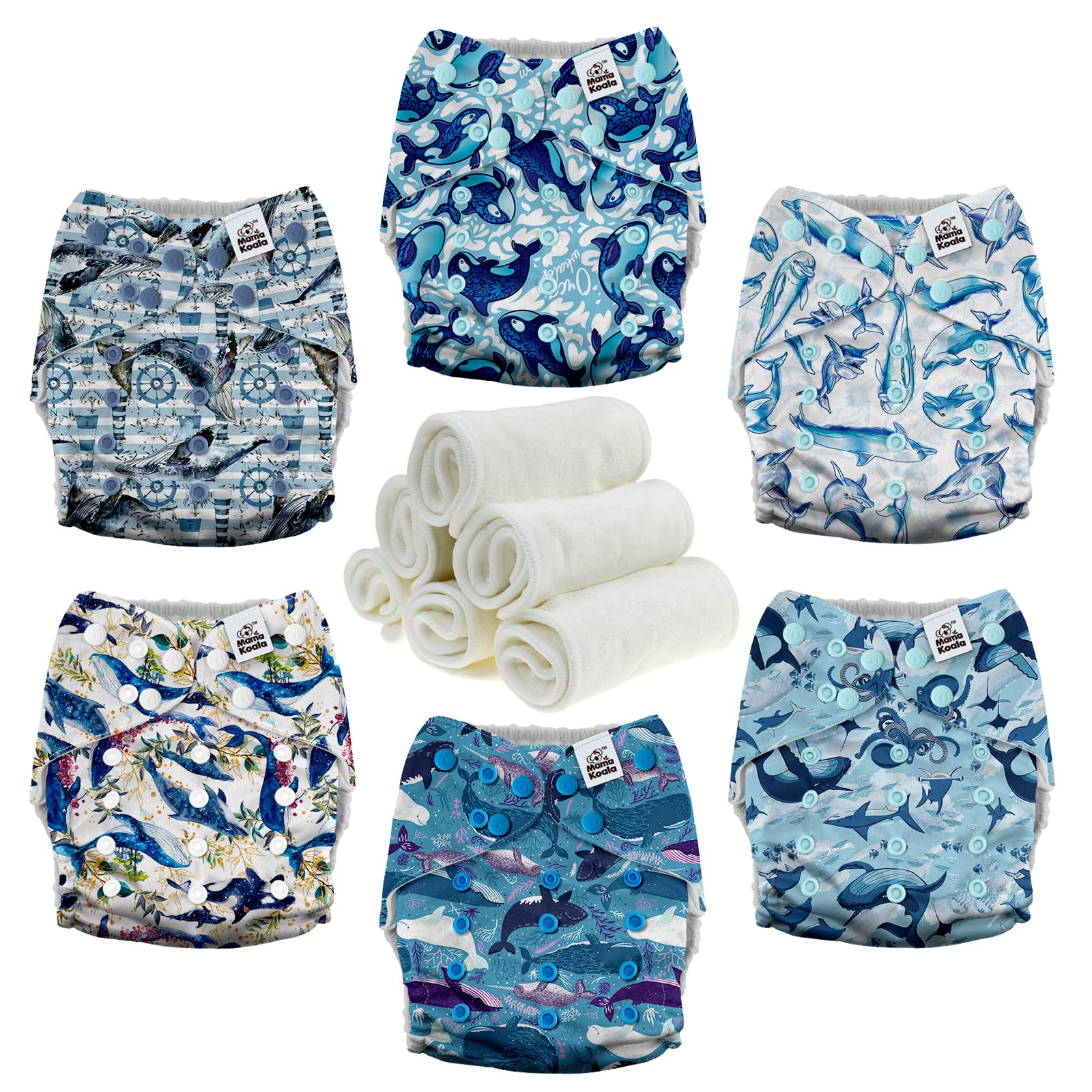 Mama Koala 3.0 Pocket Cloth Diapers for Babies with AWJ Lining, 6 Pack with 6 4-Layer Natural Cloth Diaper Inserts - Reusable and Washable Pocket Diapers(Whales)