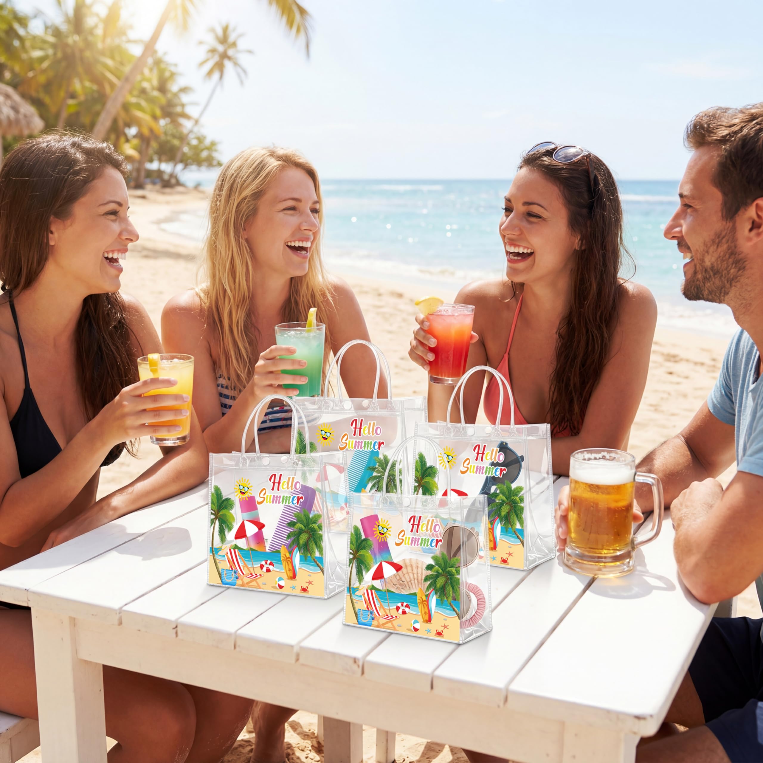 Renbuzhu 25PCS Summer Gift Bags Bulk 8 x 8 x 3Inches: Clear PVC Transparent Bag Waterproof Tote with Handles Beach Pool Birthday Tropical Party Supplies