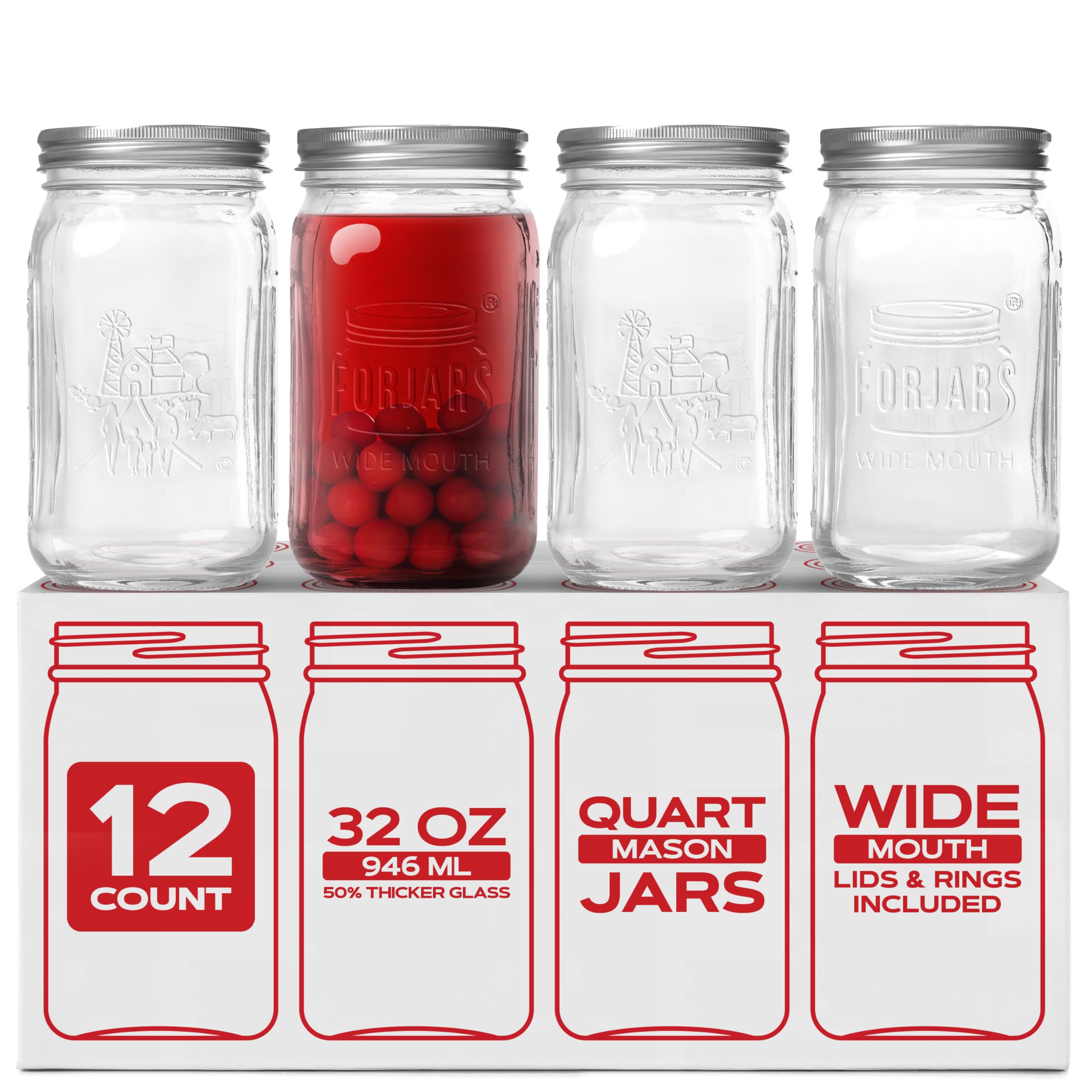 Forjars Clear Forjars® Premium Mason Jars With Lids – 32Oz | Wide Mouth Canning Jars | 12-Pack Glass Jars For Jam, Jelly, Pickling, Food Storage, Freezer Safe, Airtight Bulk Set