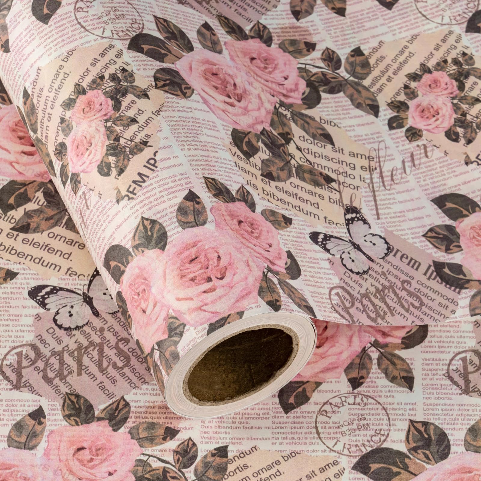 RUSPEPA Kraft Vintage Floral Wrapping Paper Roll - Mini Roll - 43.2cm x 5m - Retro Paris Rose Butterfly Newspaper Wrapping Paper for Birthday, Wedding, Anniversary, Bridal Shower