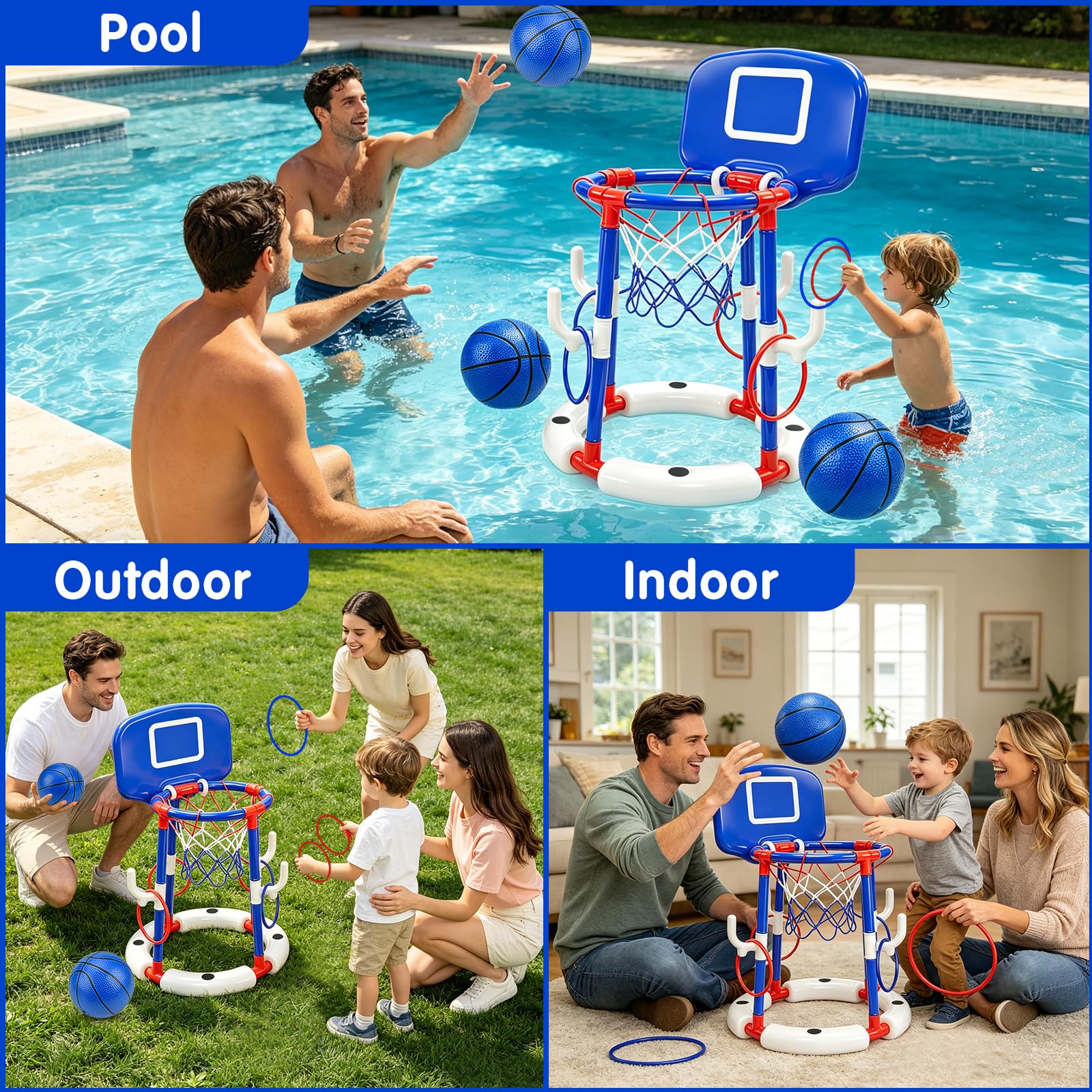 2-in-1 Schwimmender Pool-Basketballkorb und Ringwurfspiel-Set für Kinder und Erwachsene | Schwimmspiel, Wasserspielzeug, Pumpe inklusive, Familienspaß, Sommeraktivität, Indoor Outdoor, Partyspiel