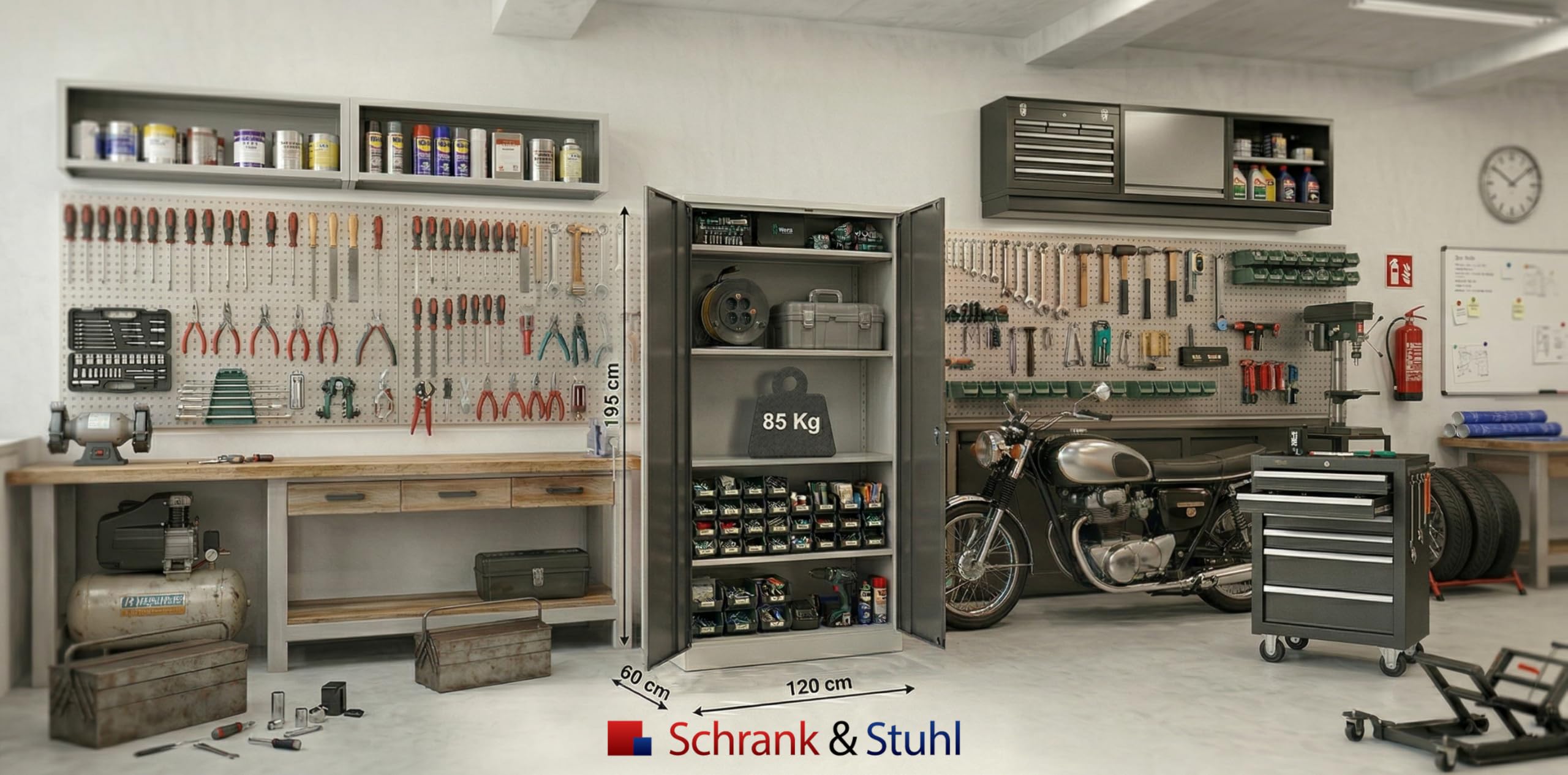 Schrank & Stuhl Werkzeugschrank Koloss – Werkstattschrank mit 4 höhenverstellbaren Fachböden, Stahlschrank für Werkzeuge, 195 x 120 x 60 cm (H x B x T), Grau/Anthrazit